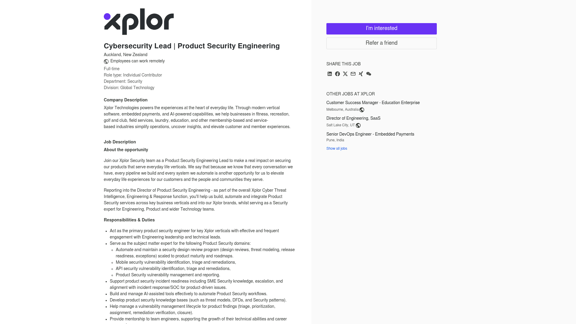 Screenshot of the Xplor Cybersecurity Lead, Product Security Engineering job posting, captured 2026-08-27
