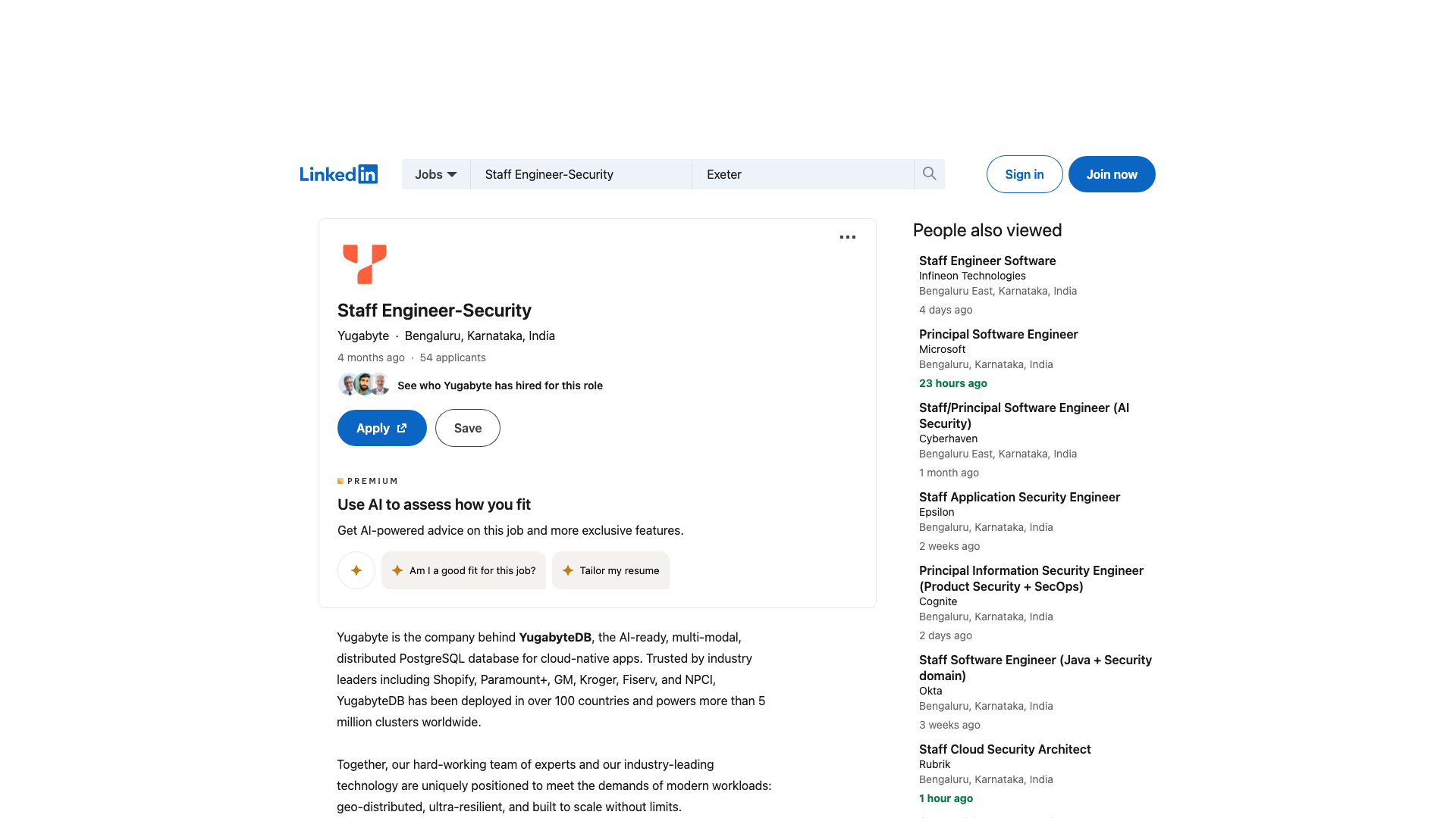 Screenshot of the Yugabyte Staff Engineer - Security job posting, captured 2026-09-05