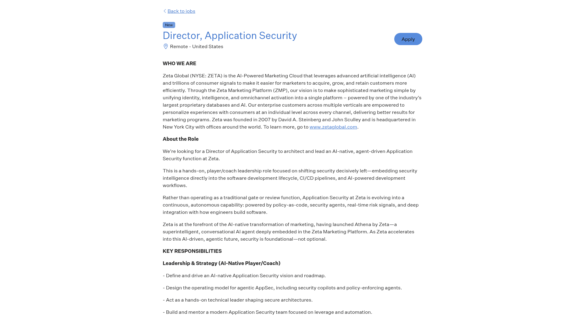 Screenshot of the Zeta Global Director, Application Security job posting, captured 2026-08-31