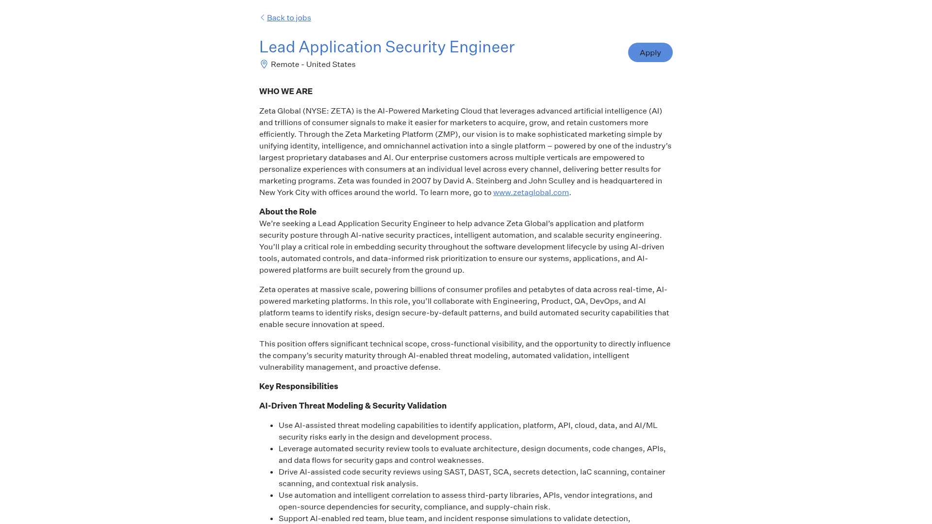 Screenshot of the Zeta Global Lead Application Security Engineer job posting, captured 2026-08-27