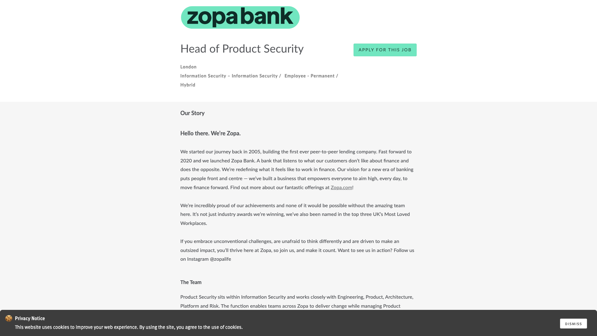 Screenshot of the Zopa Bank Head of Product Security job posting, captured 2026-10-22