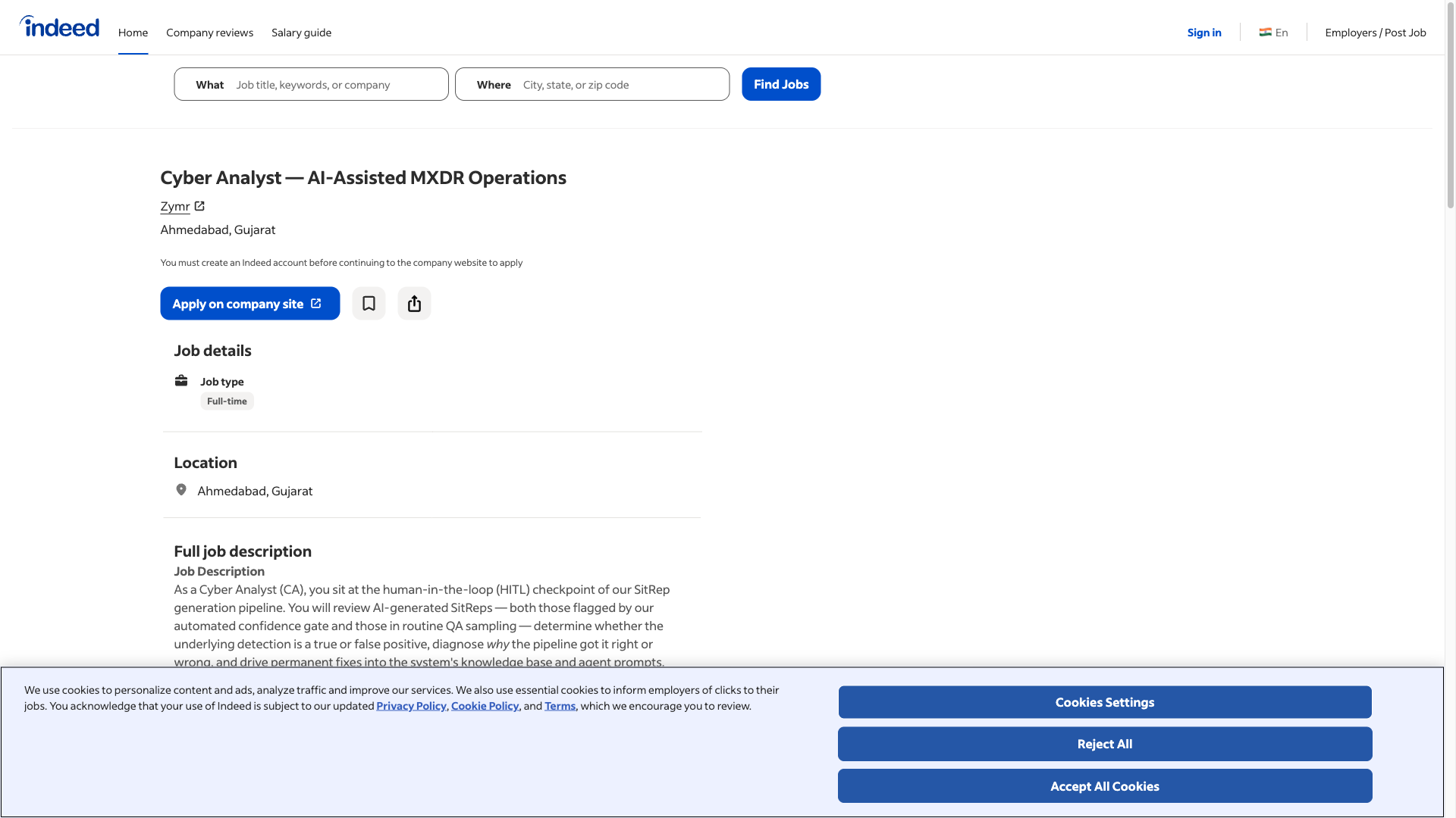 Screenshot of the Zymr Cyber Analyst - AI-Assisted MXDR Operations job posting, captured 2026-09-05
