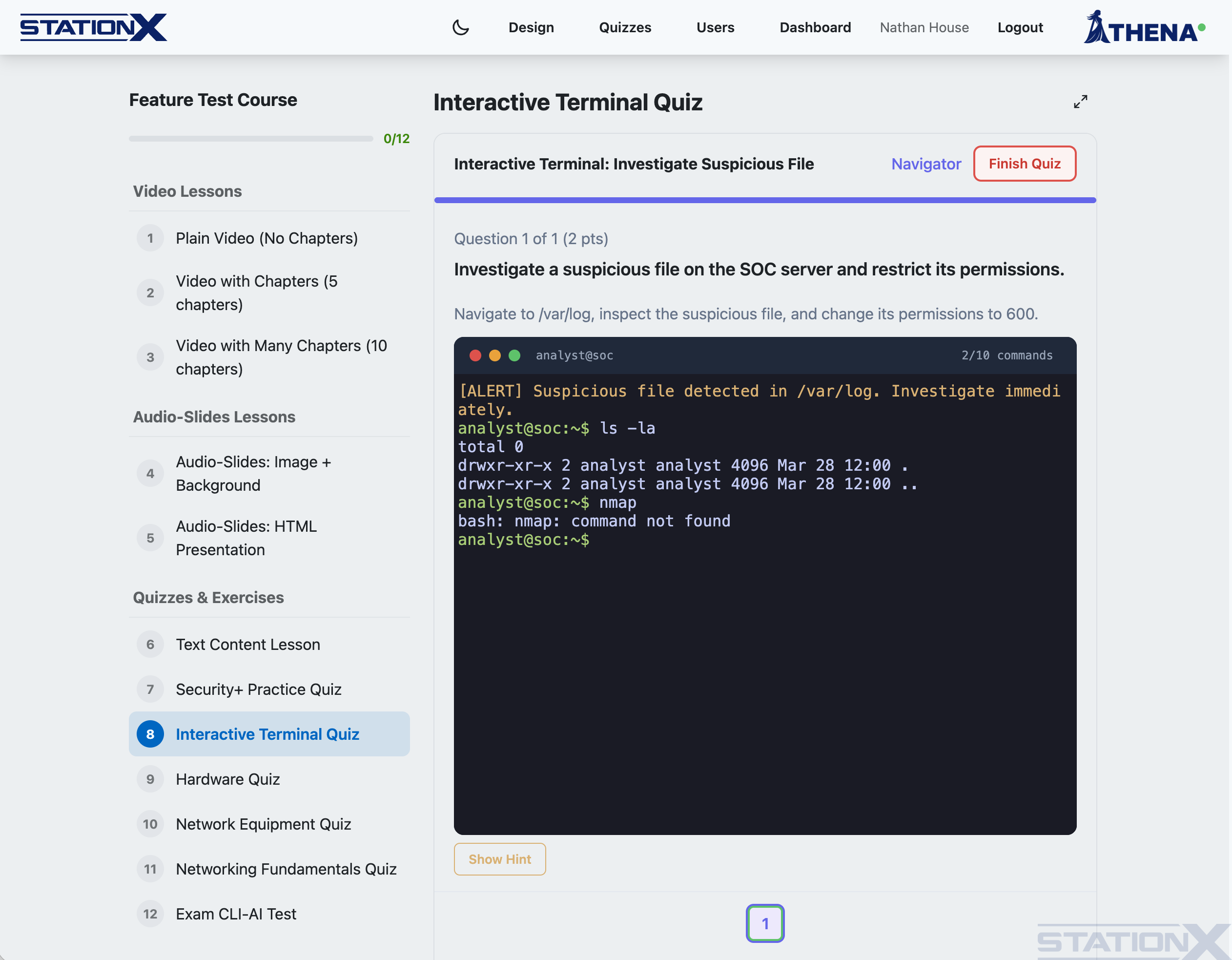 Athena learning platform — Interactive Terminal Quiz inside a lesson. Left sidebar shows lesson progression across video, audio-slides, and quiz types. Main panel shows a live terminal simulation asking the student to investigate a suspicious SOC server file and fix its permissions — the kind of hands-on capability exercise that tests whether the learner can actually do the task, not just recognise the answer.
