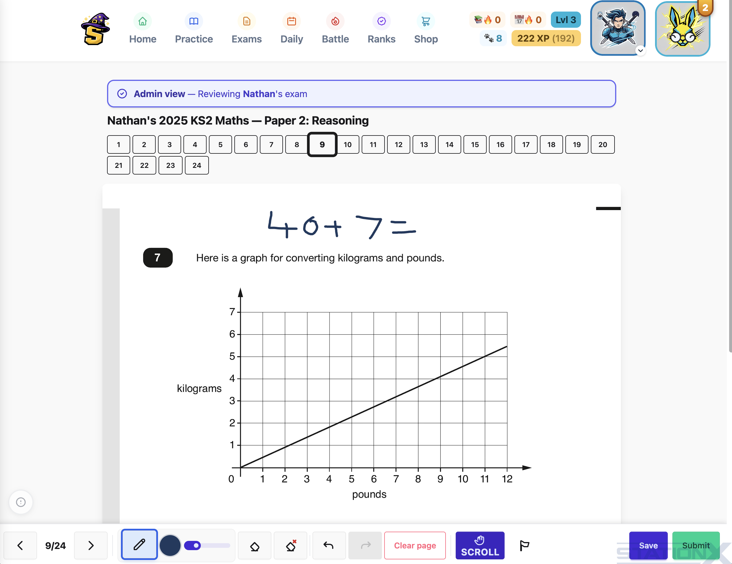 SATs & Sorcery exam interface — UK KS2 Maths Paper 2 (Reasoning) with a kilograms/pounds conversion graph question, 24-question pagination, student avatar with XP points and rank level, gamified reward economy (coins, battle mode, daily challenge, leagues), and freehand working area.