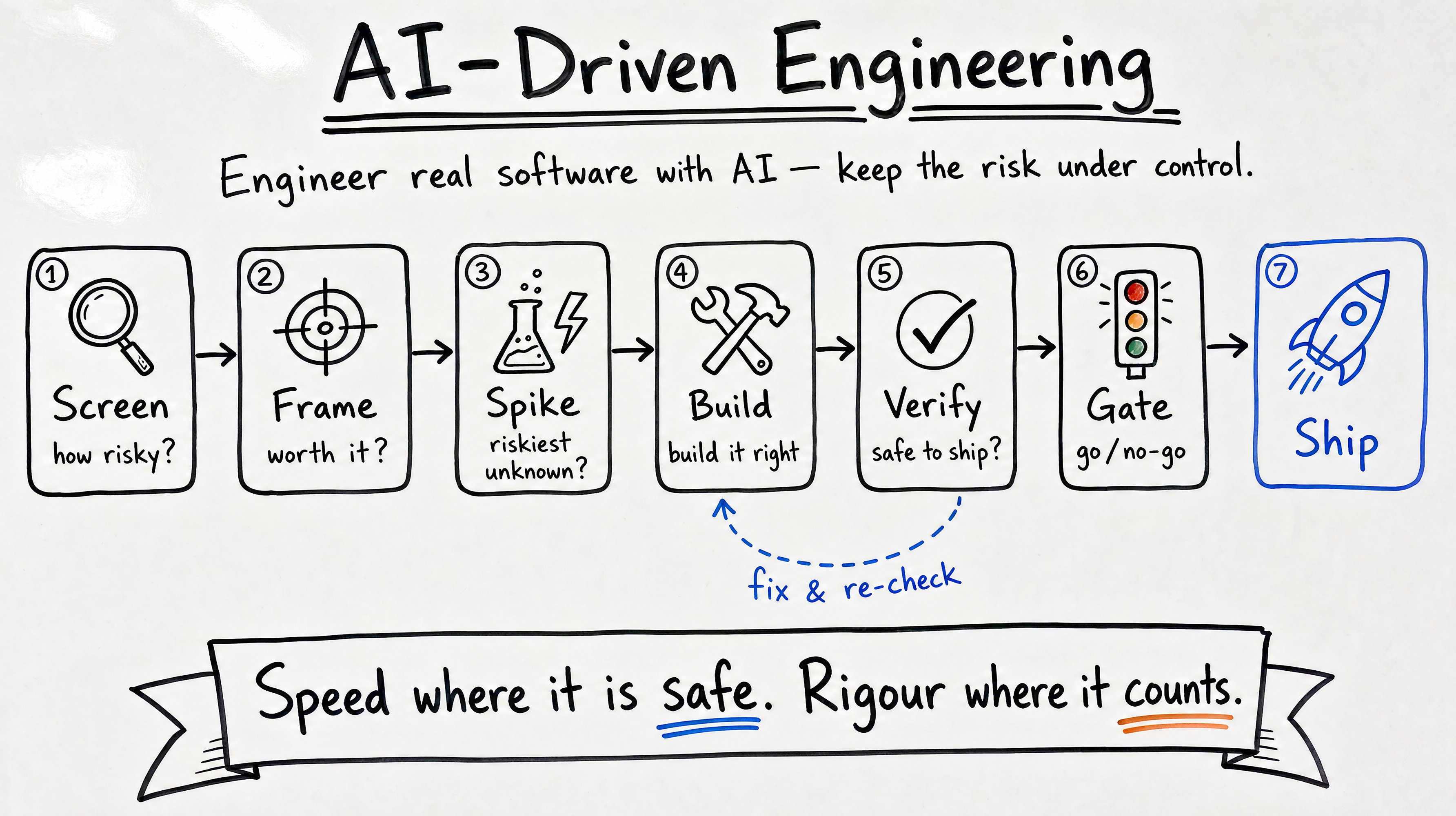 Hand-drawn whiteboard diagram of the AI-Driven Engineering framework: Screen how risky, Frame worth it, Spike riskiest unknown, Build build it right, Verify safe to ship, Gate go or no-go, then Ship. A dashed fix-and-re-check loop runs back from Verify to Build. Banner reads: speed where it is safe, rigour where it counts.