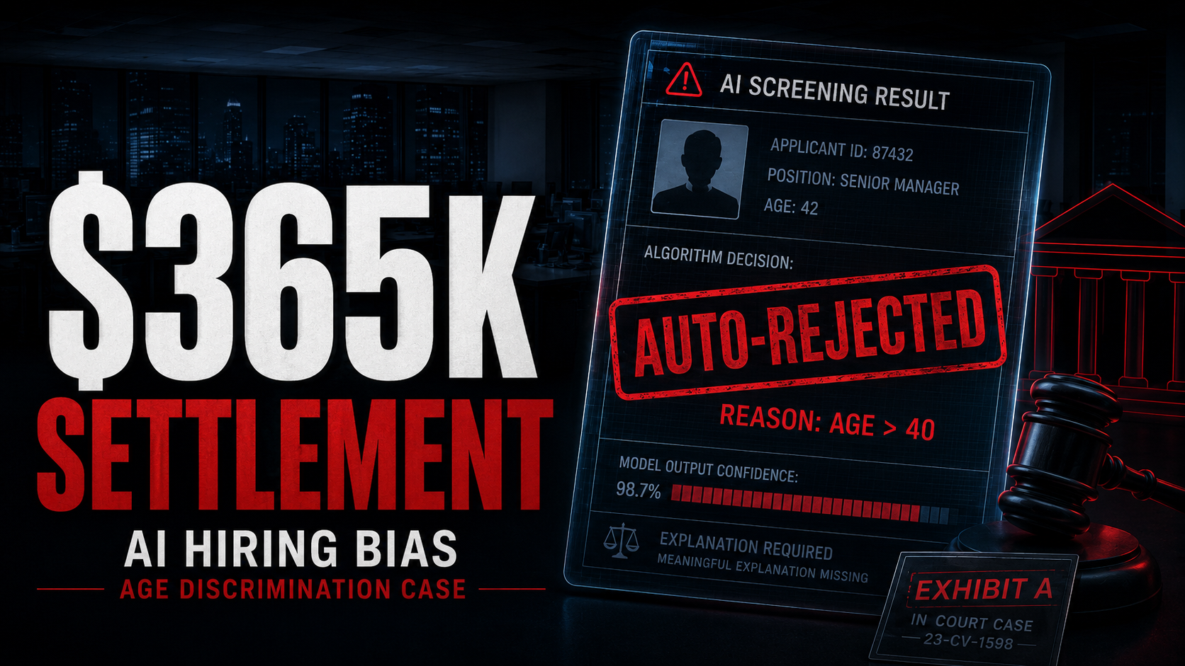 $365K settlement for AI hiring bias in an age discrimination case, shown beside an illustrative mock-up of an AI screening result: an applicant auto-rejected on age, high model confidence, and a note that a meaningful explanation is missing.