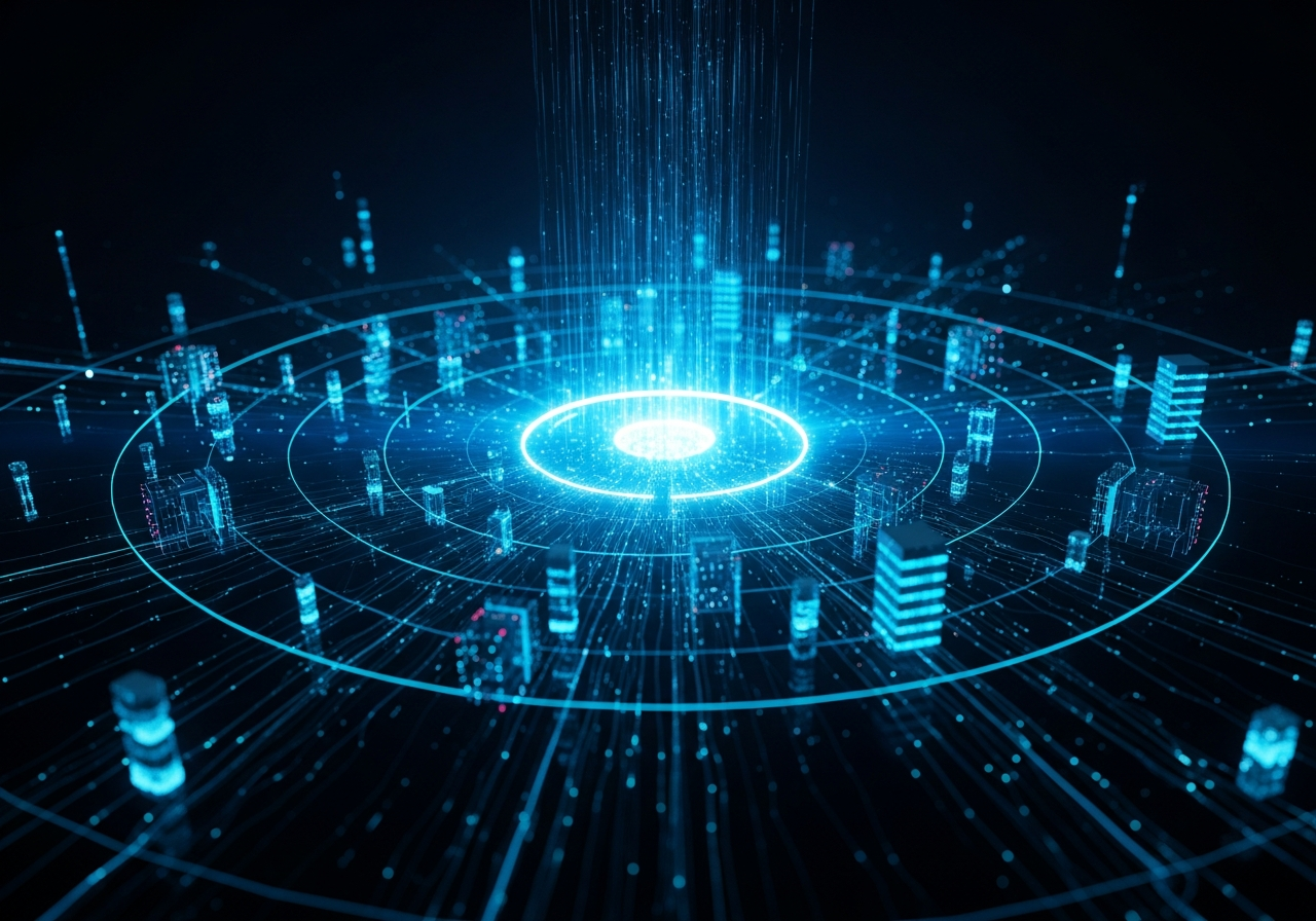 Glowing AI infrastructure — a luminous core connected to orbiting server nodes