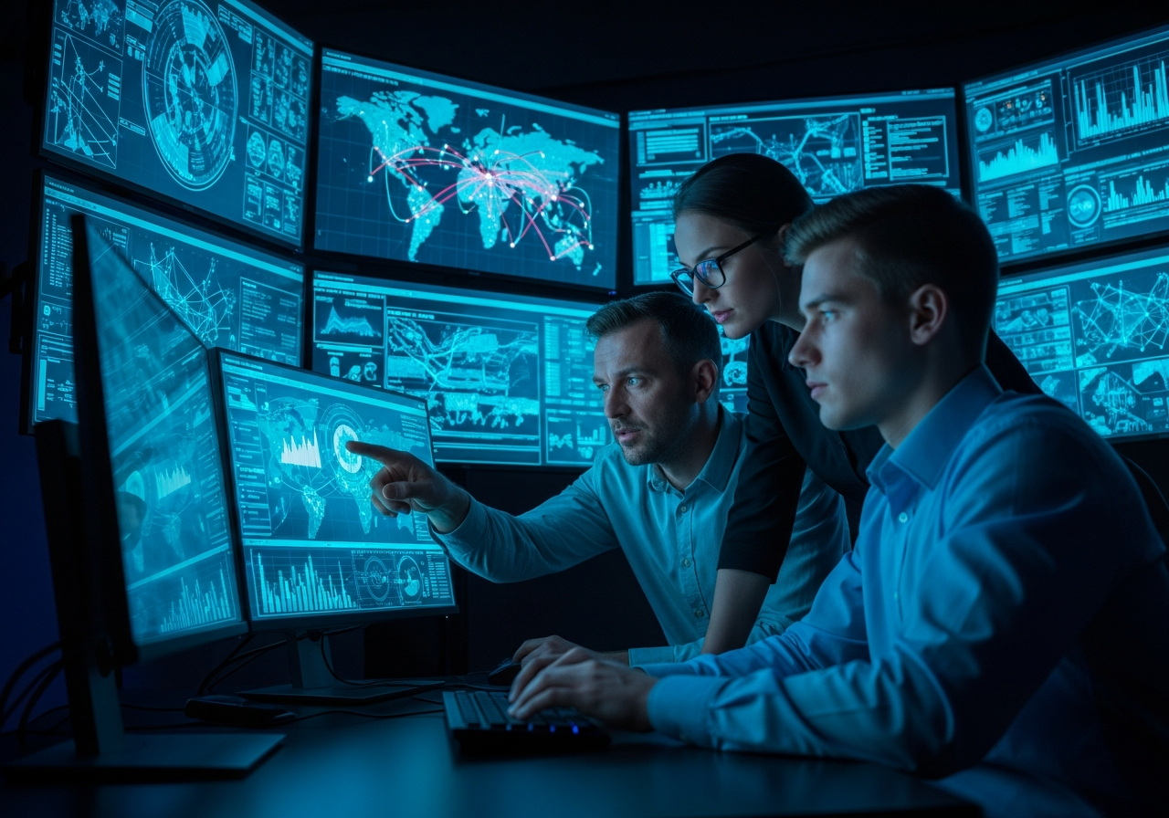 A small security team collaborating in a security operations centre