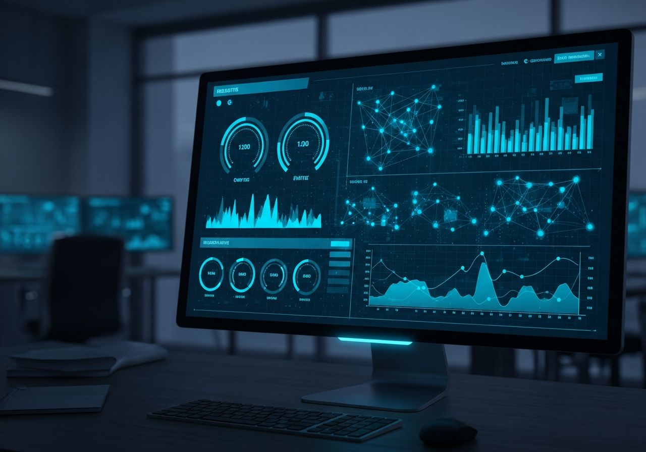 A production security dashboard glowing on a monitor in a dark office