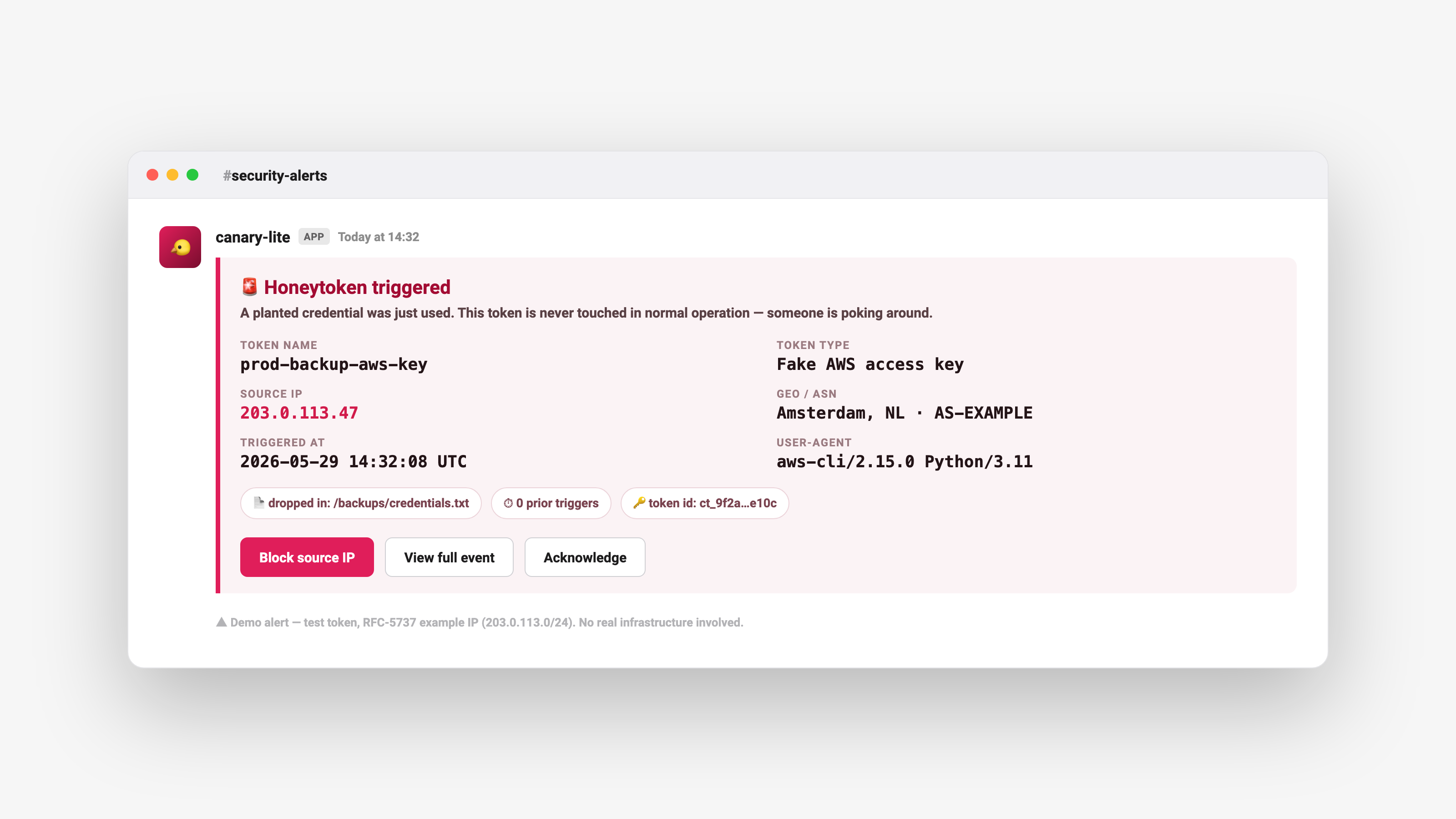 canary-lite sample output — a Slack alert firing the instant a planted honeytoken credential is touched