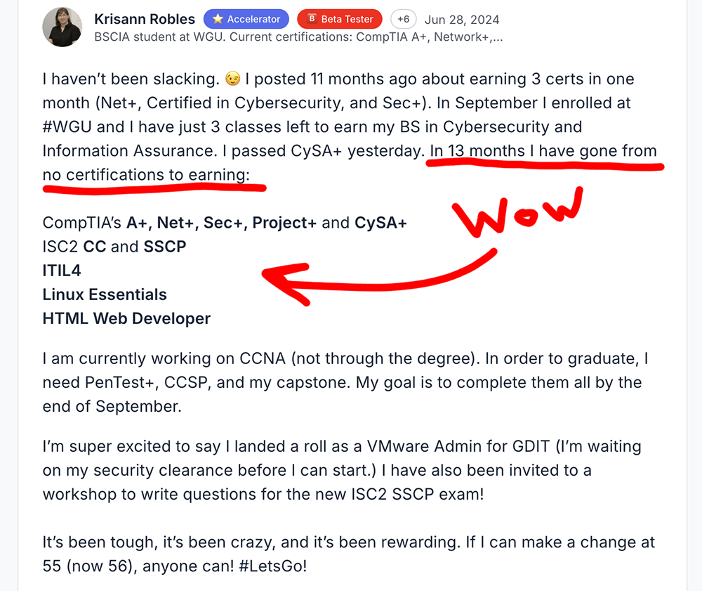 A+ · Network+ · Security+ · CySA+ · CC · SSCP + BS in Cybersecurity — Krisann Robles