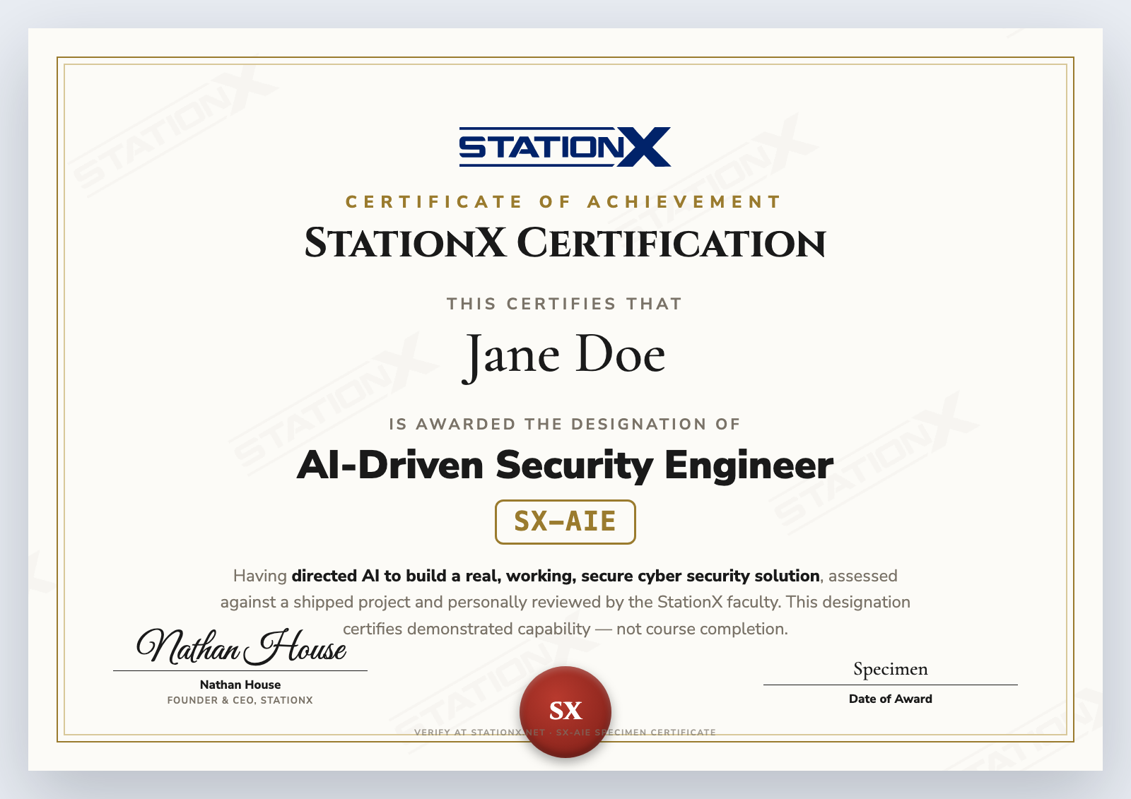 The StationX Certified AI-Driven Security Engineer (SX-AIE) certificate