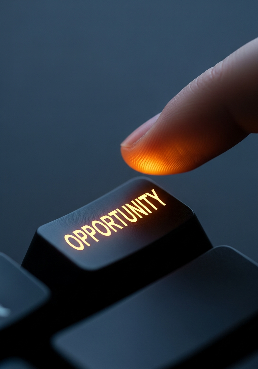 A fingertip poised above a single keyboard key glowing amber with the word OPPORTUNITY