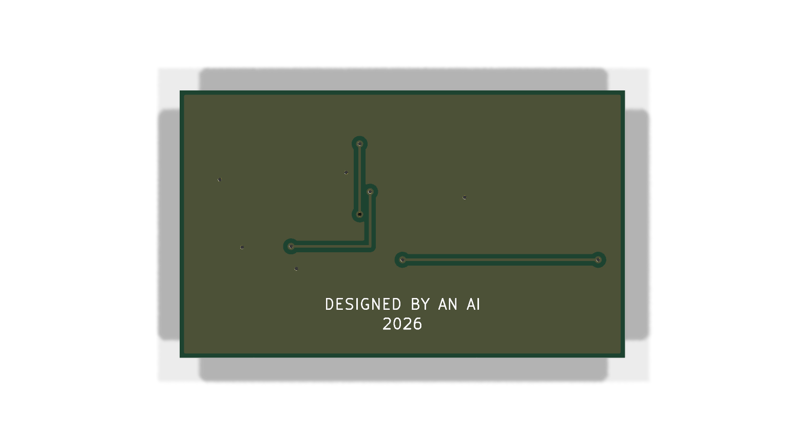 3D render of the back of the StationX Blink badge showing the silkscreen 'DESIGNED BY AN AI / 2026', mirrored in the design file so it reads correctly on the physical board