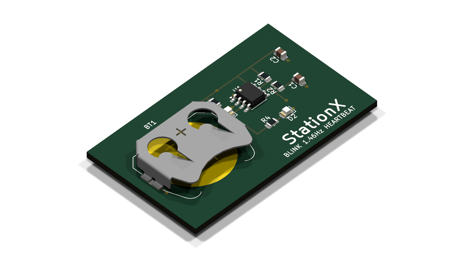 3D render of the StationX Blink badge PCB, front side — coin cell holder, TLC555 timer, two LEDs, and the silkscreen text 'StationX — BLINK 1.46Hz HEARTBEAT'