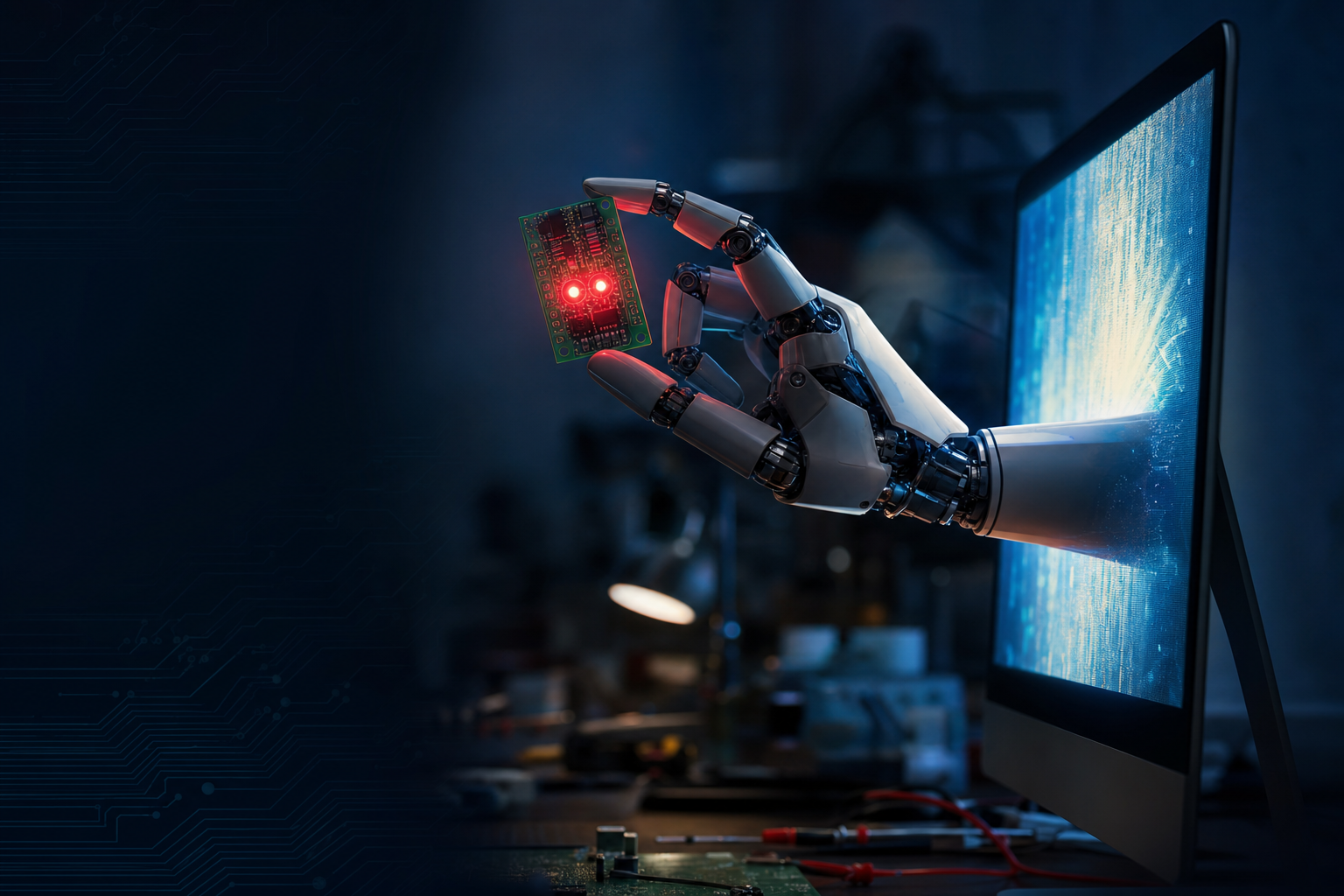 A robotic hand formed from glowing circuitry reaching toward a physical printed circuit board taking shape — an AI's design crossing from digital to physical