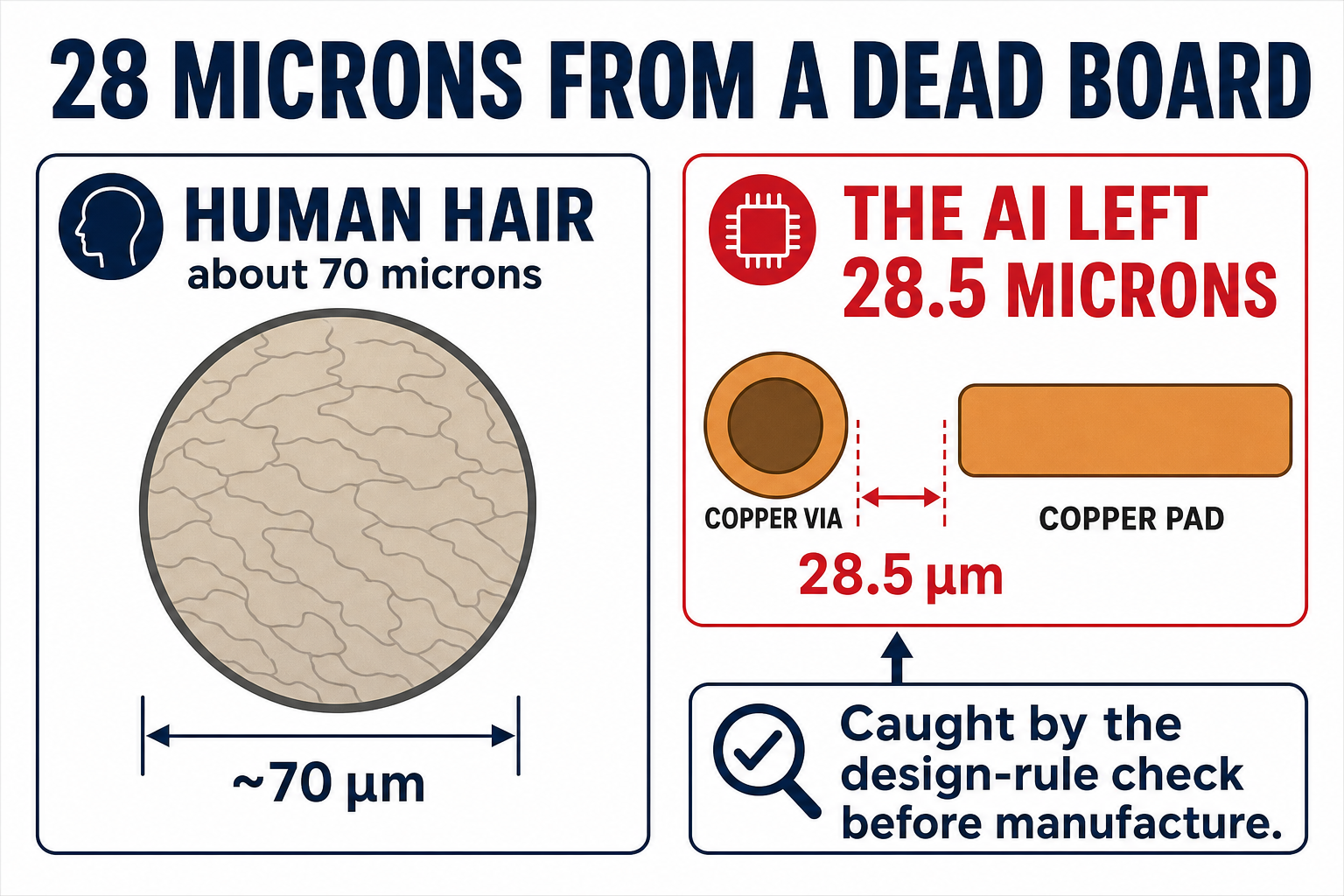 Scale illustration of the 28-micron clearance violation: the copper via the AI placed 0.0285mm from an LED pad, compared with a human hair at more than twice that width