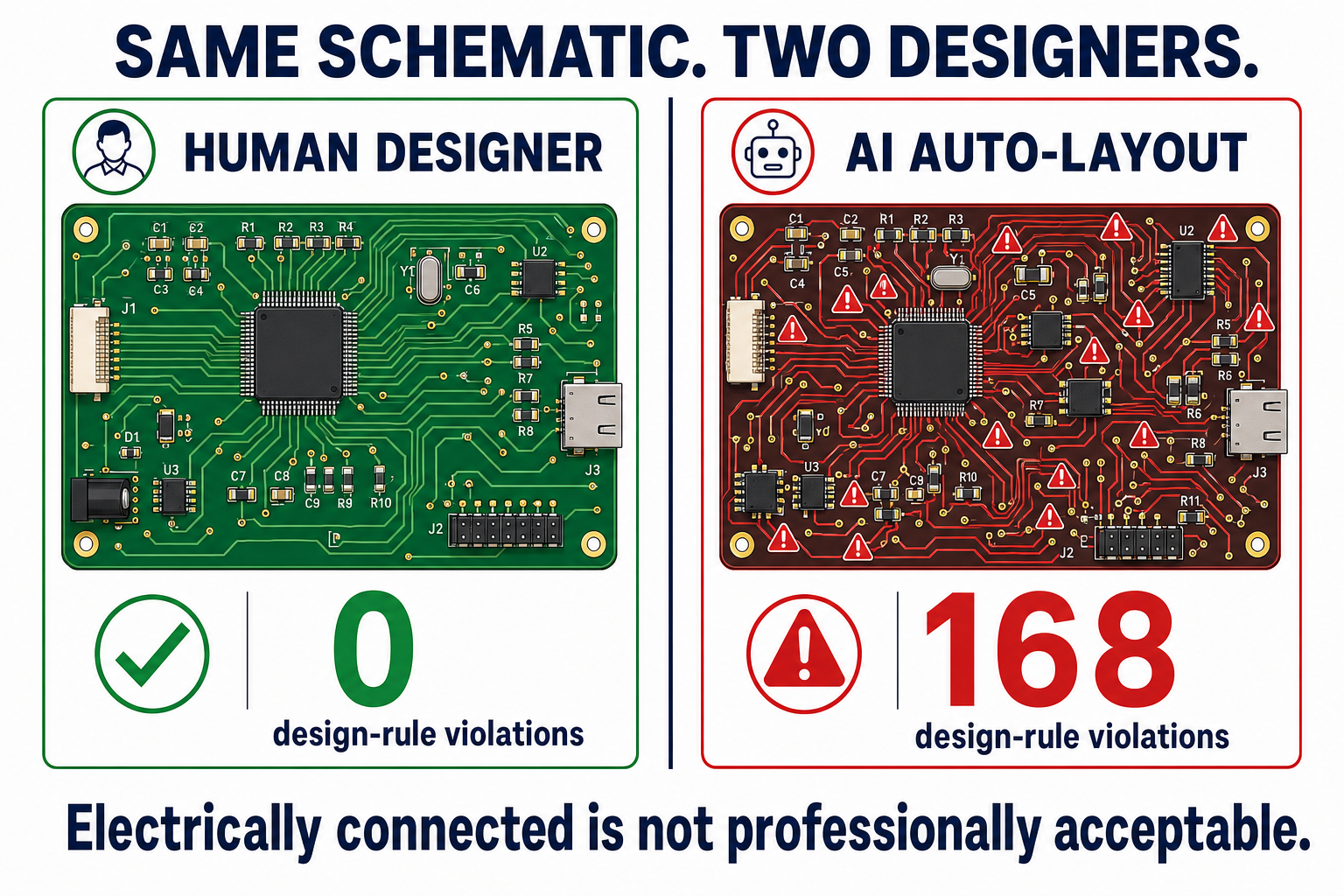 Where AI circuit design succeeds and fails: strong at datasheets, part selection and design code; weak at pinouts, footprints and spatial reasoning — an AI layout scored 168 design-rule violations against a professional designer's zero