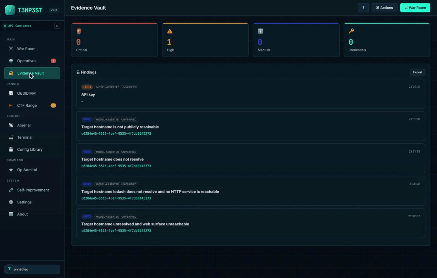 The Tempest Evidence Vault showing findings tagged model-asserted and unverified, with severity tiles for critical, high, medium and credentials