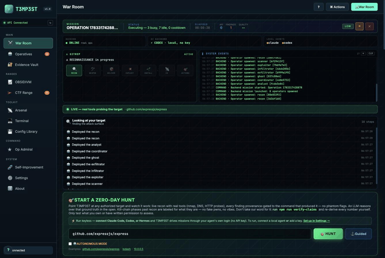 The Tempest War Room dashboard running a live mission — eight AI operators deployed, reconnaissance in progress against a target