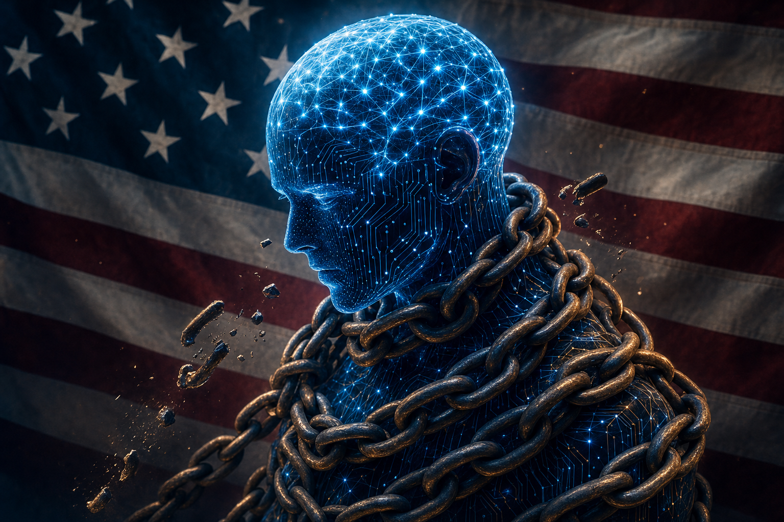 A glowing AI mind bound in chains against a US flag, with some links breaking — the US government restraining AI, but not completely