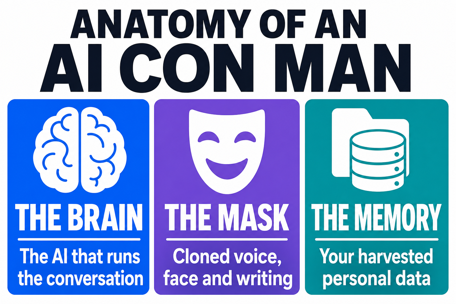 The anatomy of an AI con man in three parts: The Brain (the AI that runs the conversation), The Mask (cloned voice, face and writing), and The Memory (your harvested personal data)