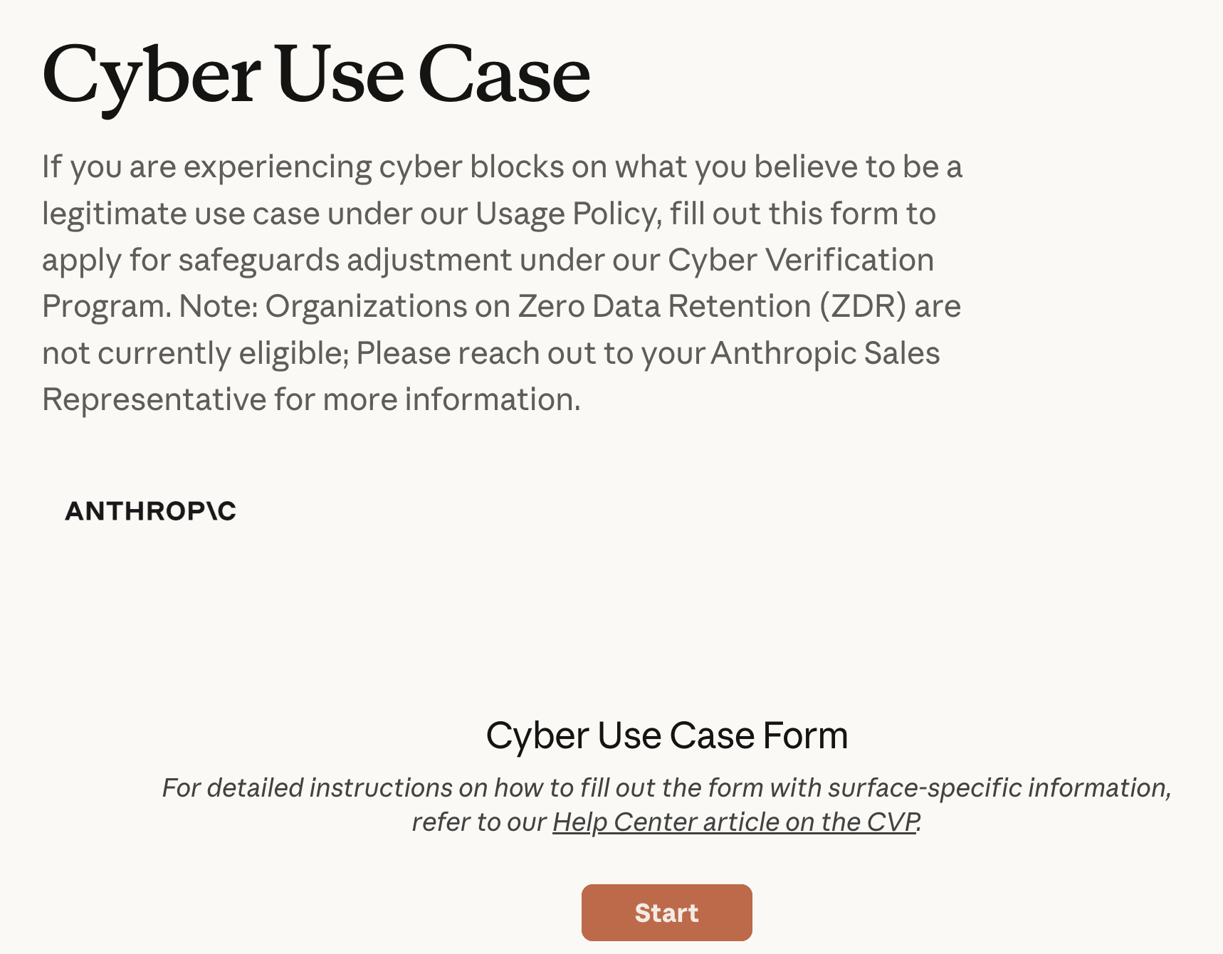 The Anthropic Cyber Verification Program 'Cyber Use Case' application form