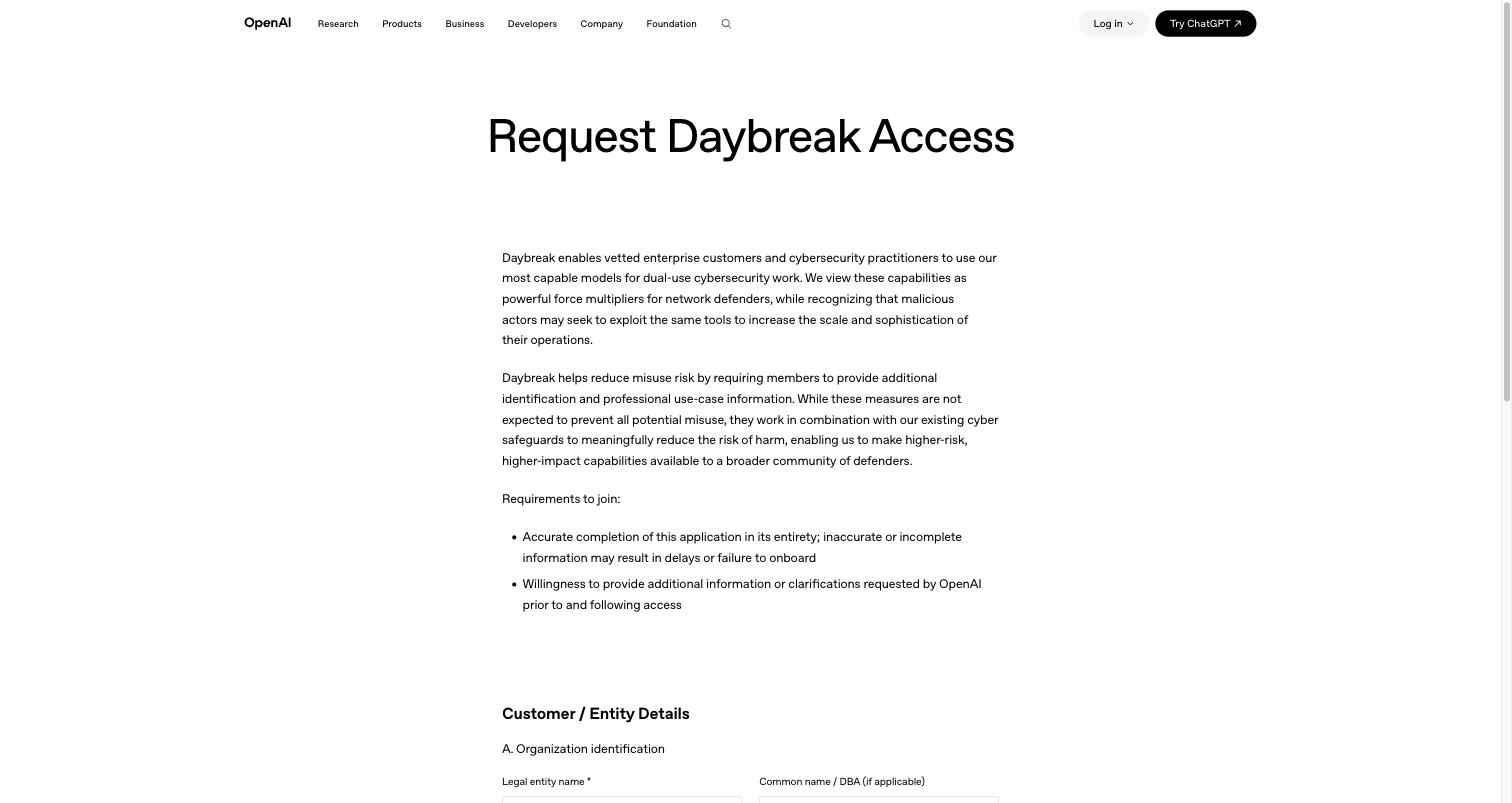 OpenAI's Request Daybreak Access page, the Trusted Access for Cyber application, showing the requirements to join and the start of the organisation identification section