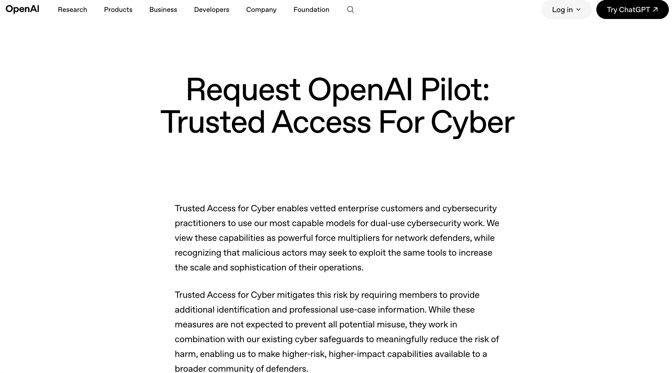 OpenAI's Trusted Access for Cyber application page