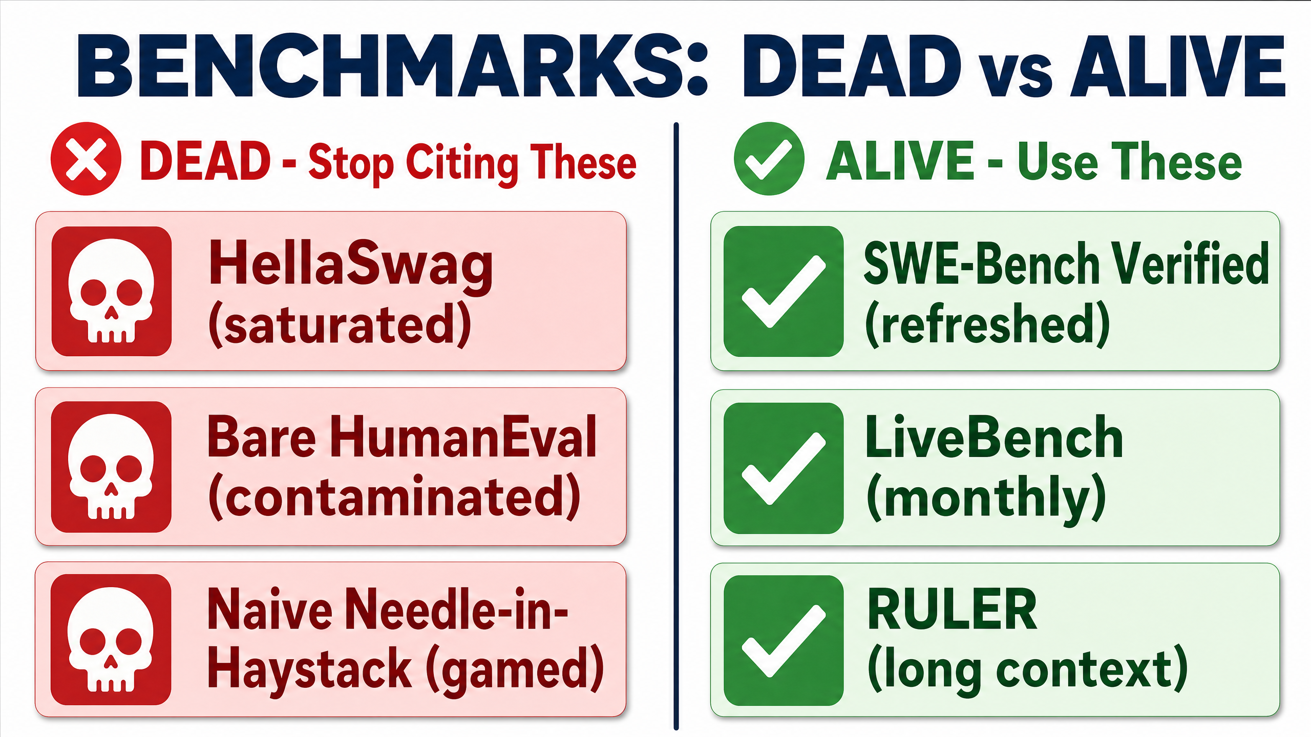 Dead vs alive benchmarks — HellaSwag, bare HumanEval and naive Needle-in-Haystack on the left versus SWE-Bench Verified, LiveBench and RULER on the right