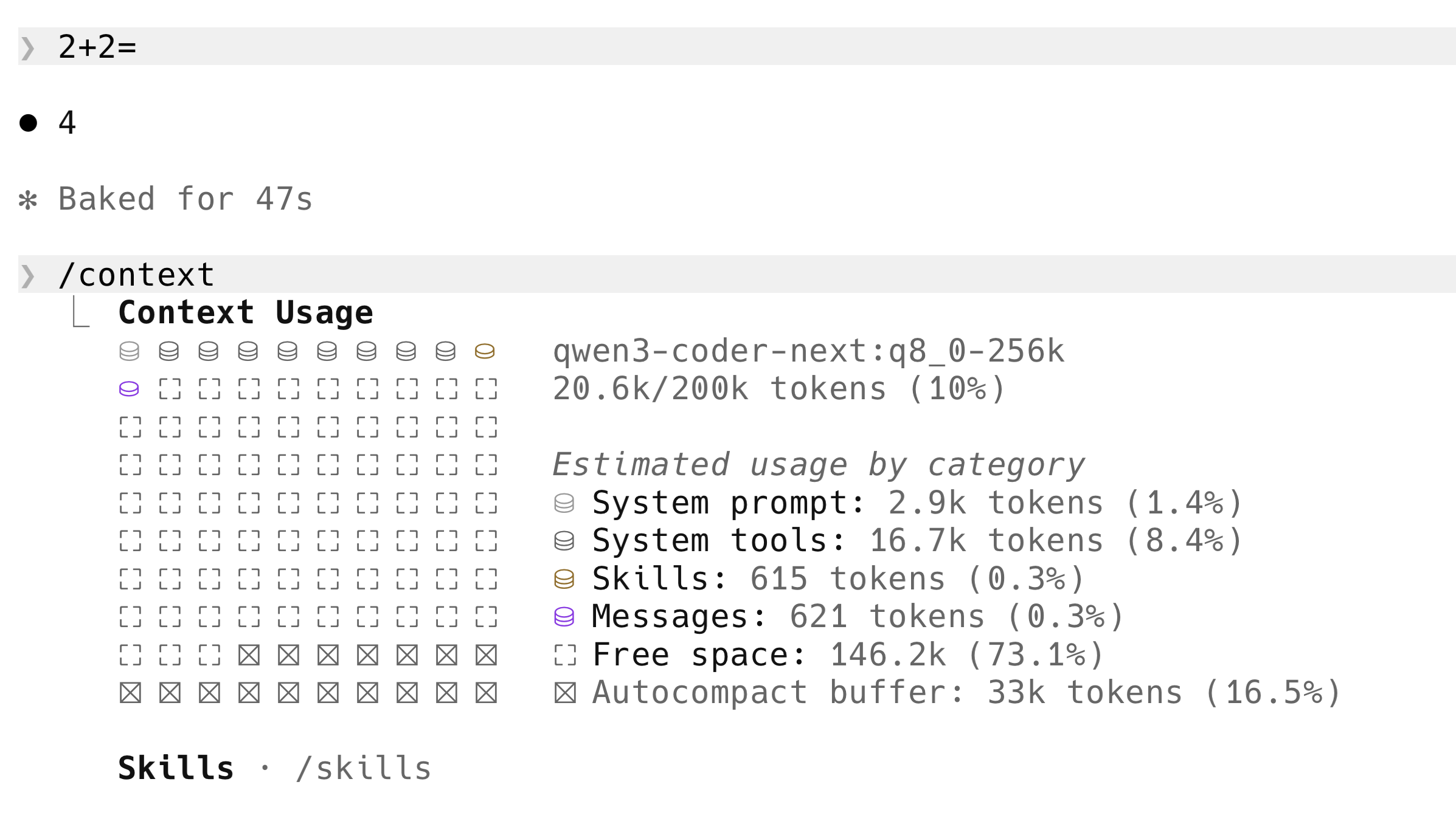 Original screenshot from author's testing — Claude Code terminal showing '2+2 → 4' with 'Baked for 47s' on a local Ollama model before the --bare fix was applied, plus the /context panel showing 16.7k tokens (8.4%) consumed by System tools alone. Same problem exists today on Qwen3.6:27b without --bare.