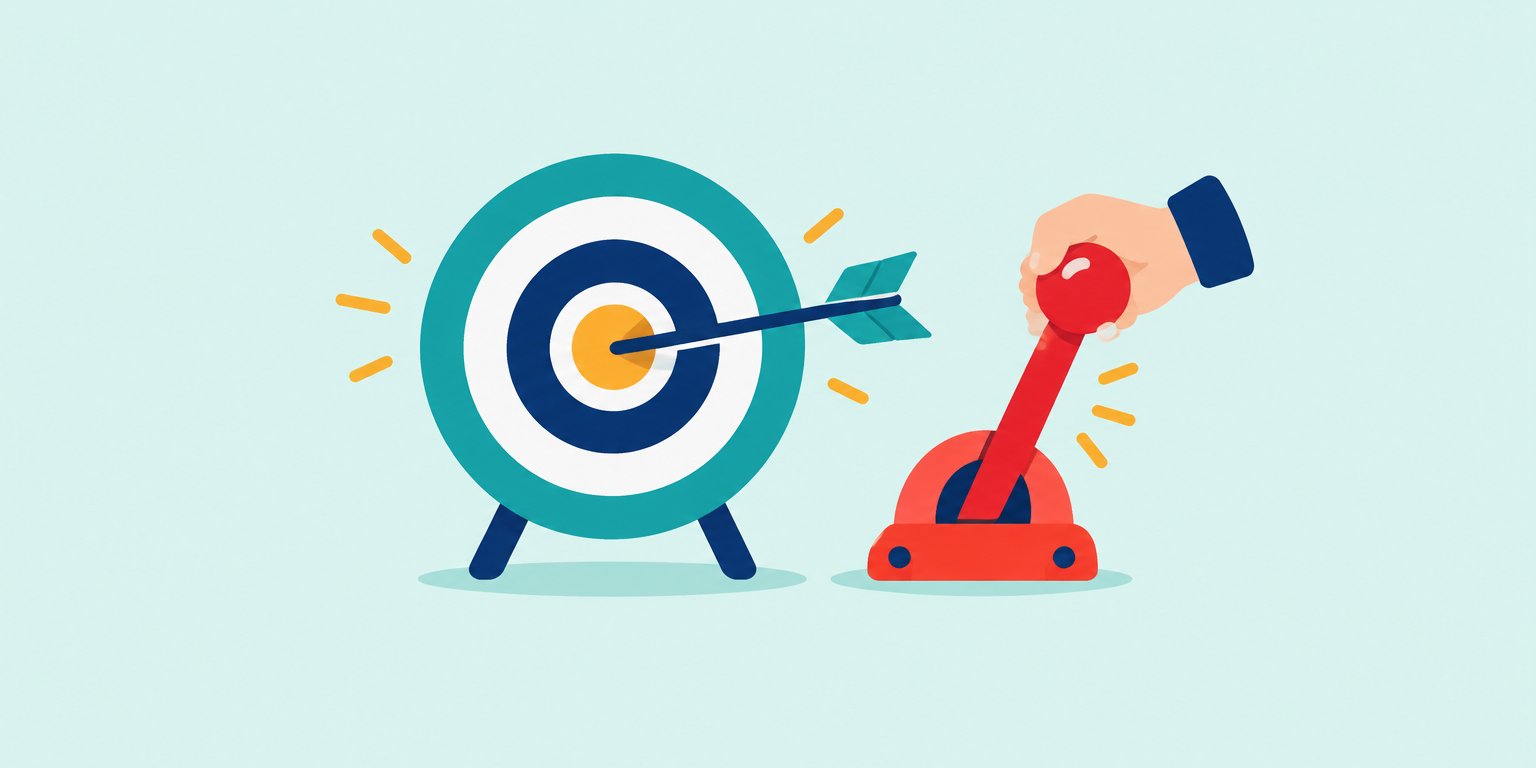 A bullseye target hit by an arrow beside a red stop lever: a description that aims and also brakes