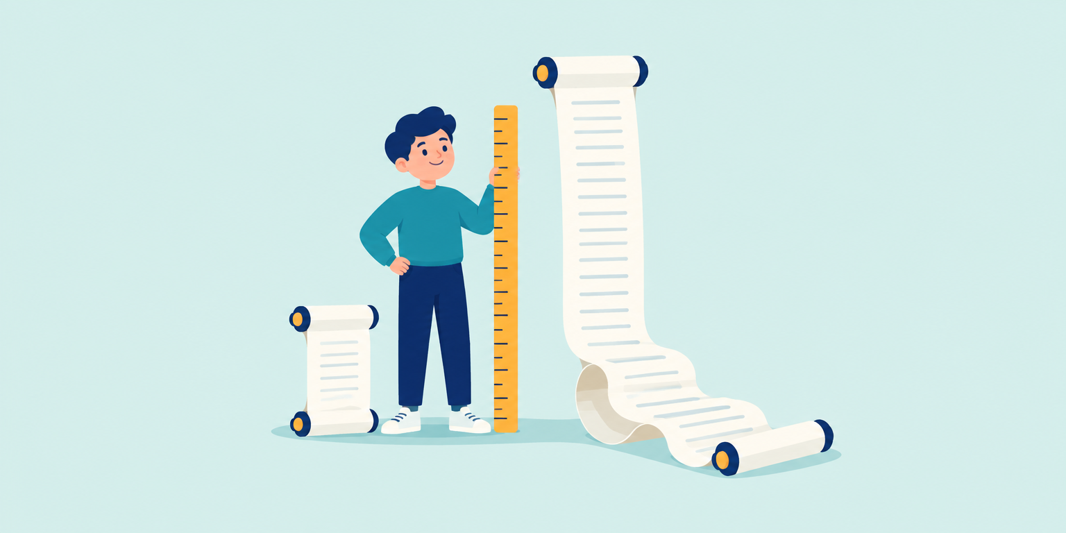 A short page beside a very long scroll spilling onto the floor, measured with a ruler