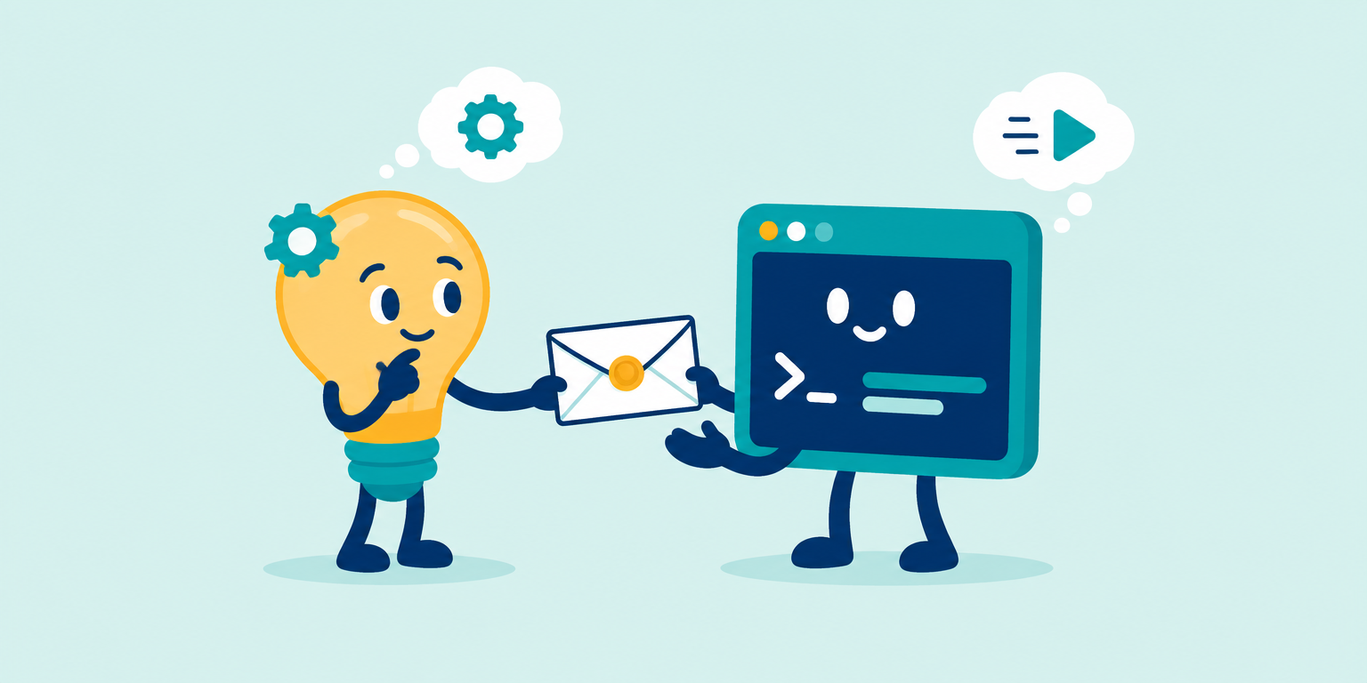A thinking lightbulb handing a sealed instruction envelope to a terminal that runs it