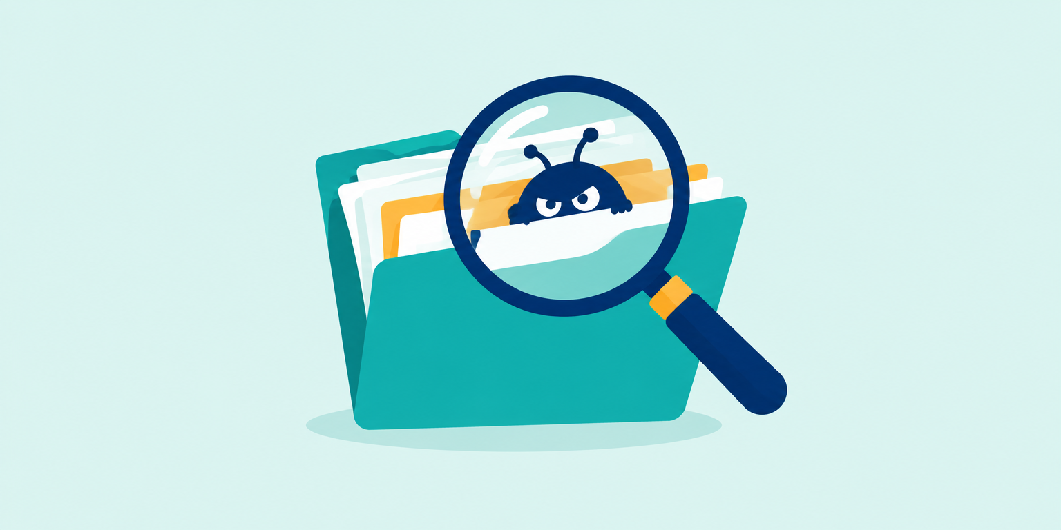 A magnifying glass over an open folder revealing a hidden bug inside