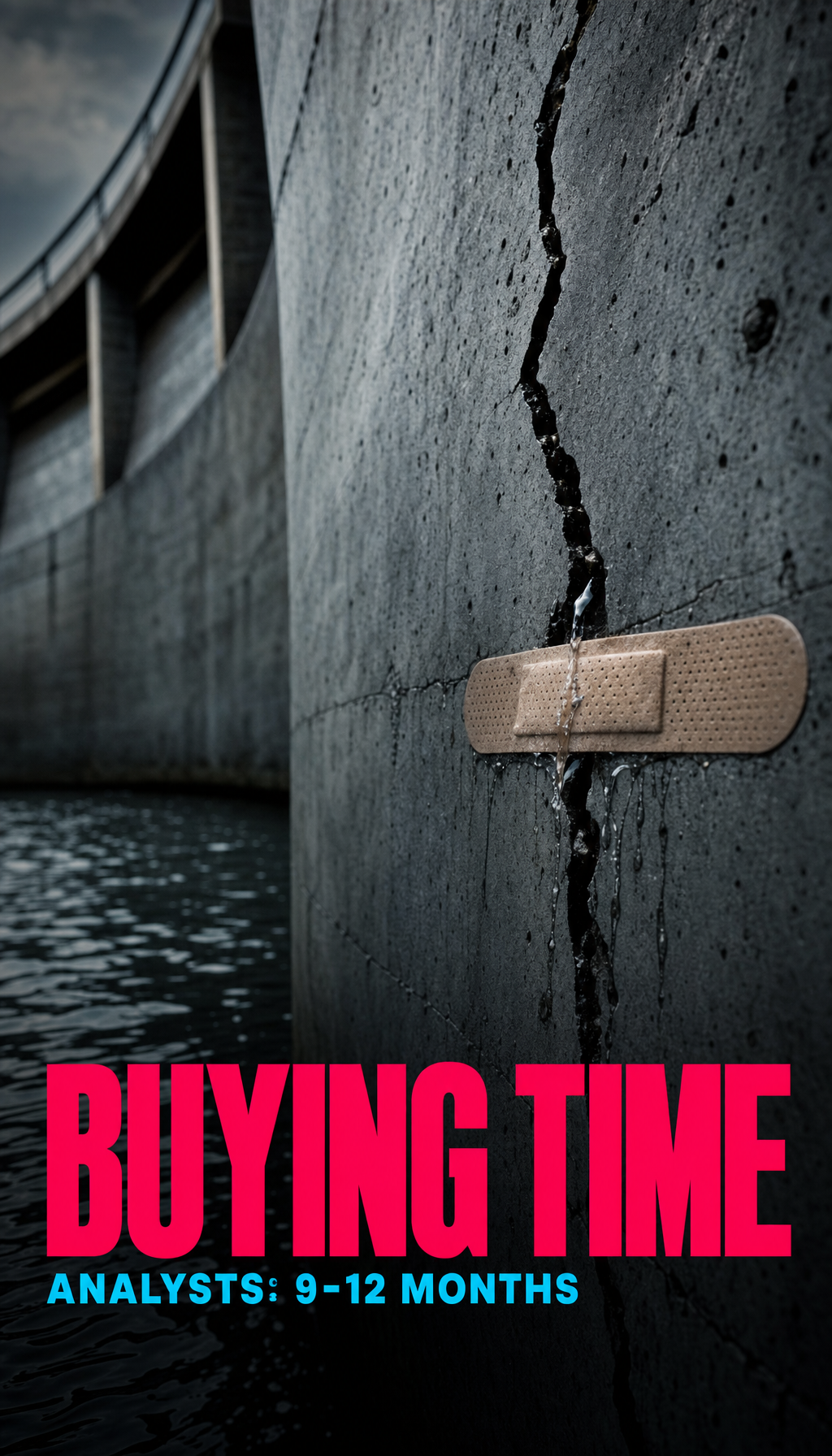 A plaster stuck over a cracking dam wall with water seeping around it — analysts estimate 9 to 12 months before open-weight models reach similar capability