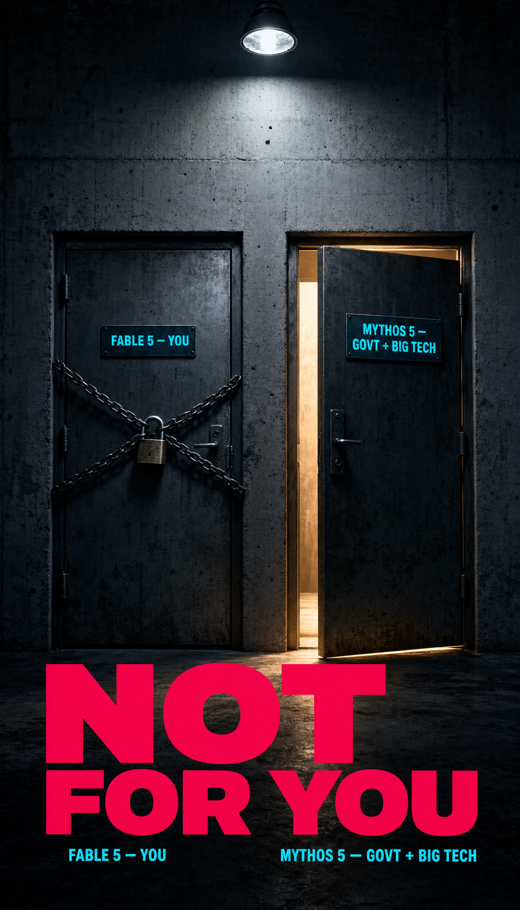 Two doors: Fable 5 chained and padlocked for the public, Mythos 5 ajar with light spilling out for governments and big tech — captioned Not For You