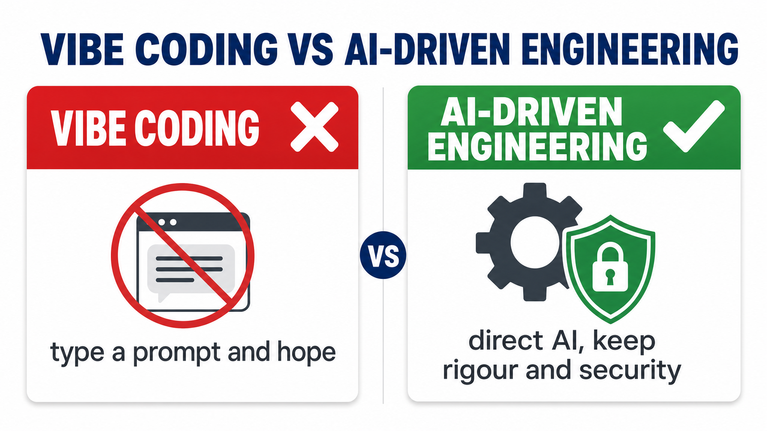 Vibe coding versus AI-driven engineering: vibe coding means typing a prompt and hoping; AI-driven engineering means directing AI while keeping rigour and security
