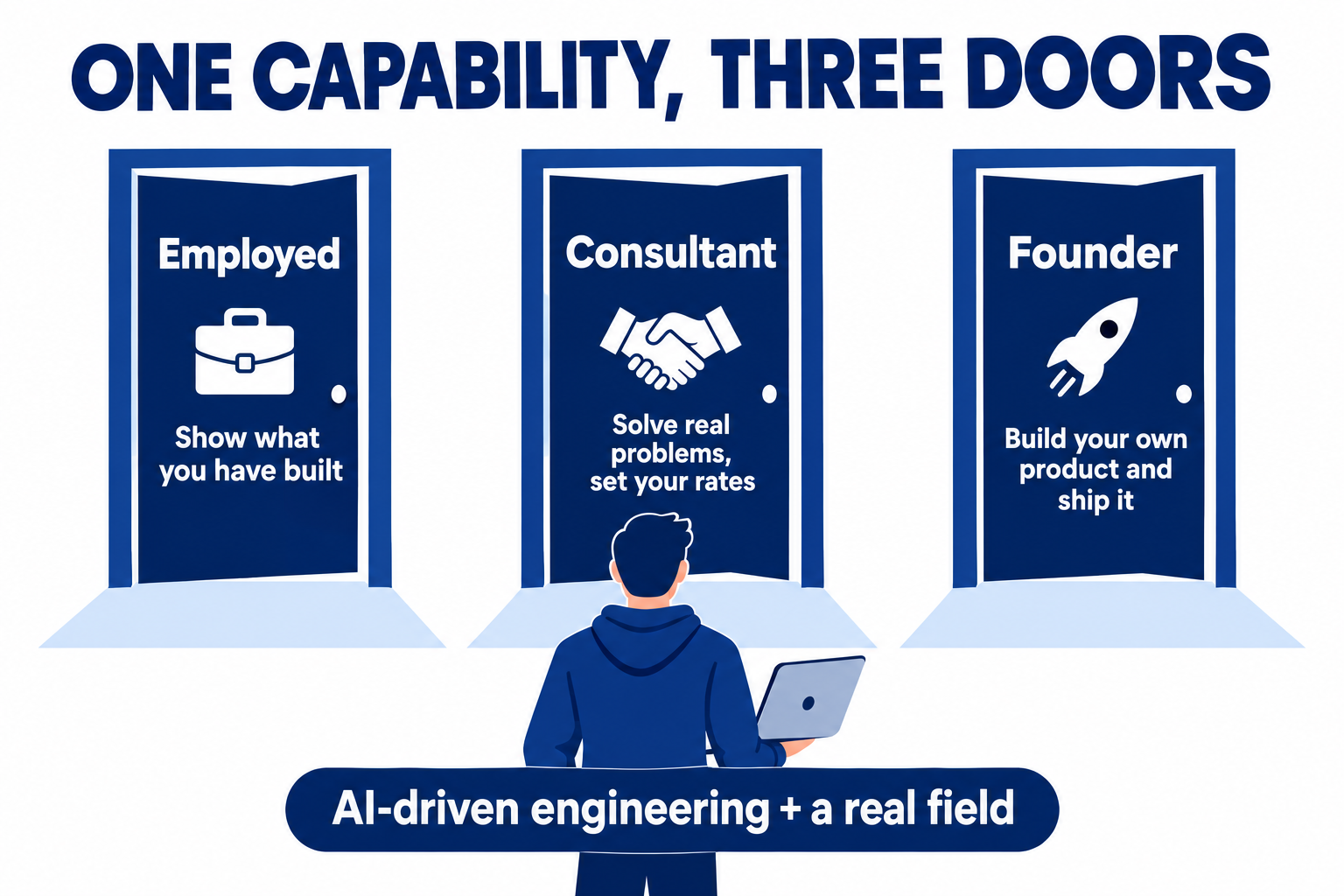 One capability, three doors: employed, where you show what you have built; consultant, where you solve real problems and set your rates; and founder, where you build your own product and ship it, all from AI-driven engineering plus a real field