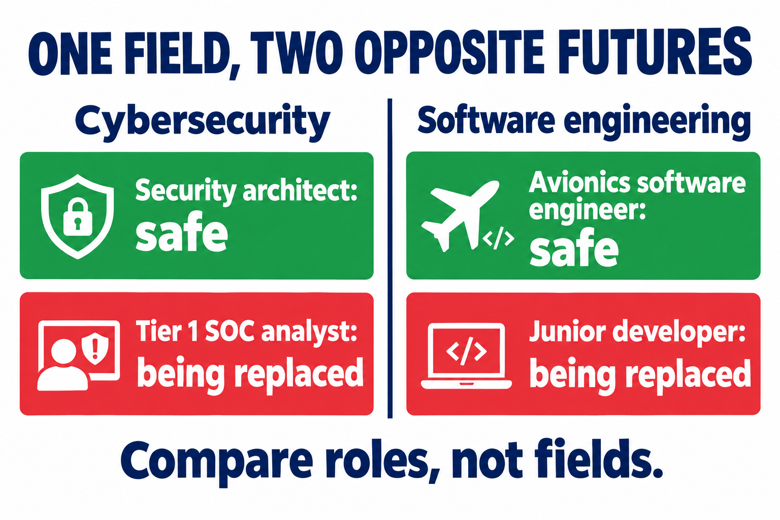 One field, two opposite futures: in cybersecurity the security architect is safe while the tier 1 SOC analyst is being replaced; in software engineering the avionics software engineer is safe while the junior developer is being replaced. Compare roles, not fields