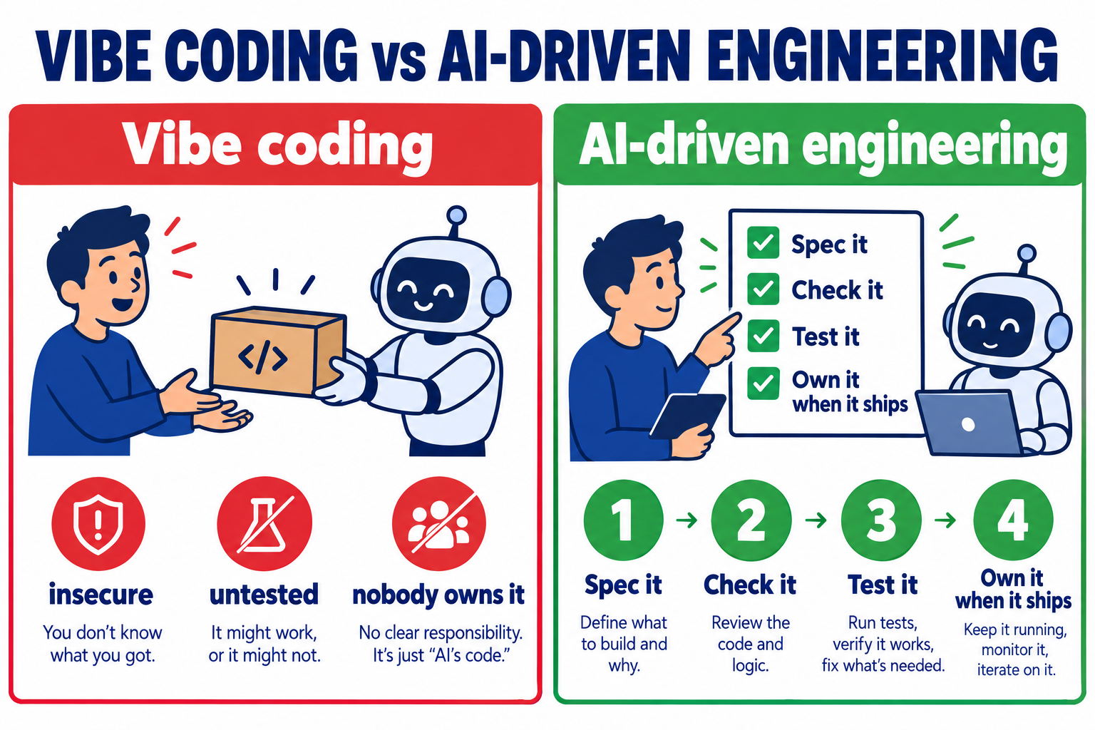 Vibe coding versus AI-driven engineering: vibe coding means accepting whatever the AI hands you, which is insecure, untested and owned by nobody; AI-driven engineering means you spec it, check it, test it and own it when it ships