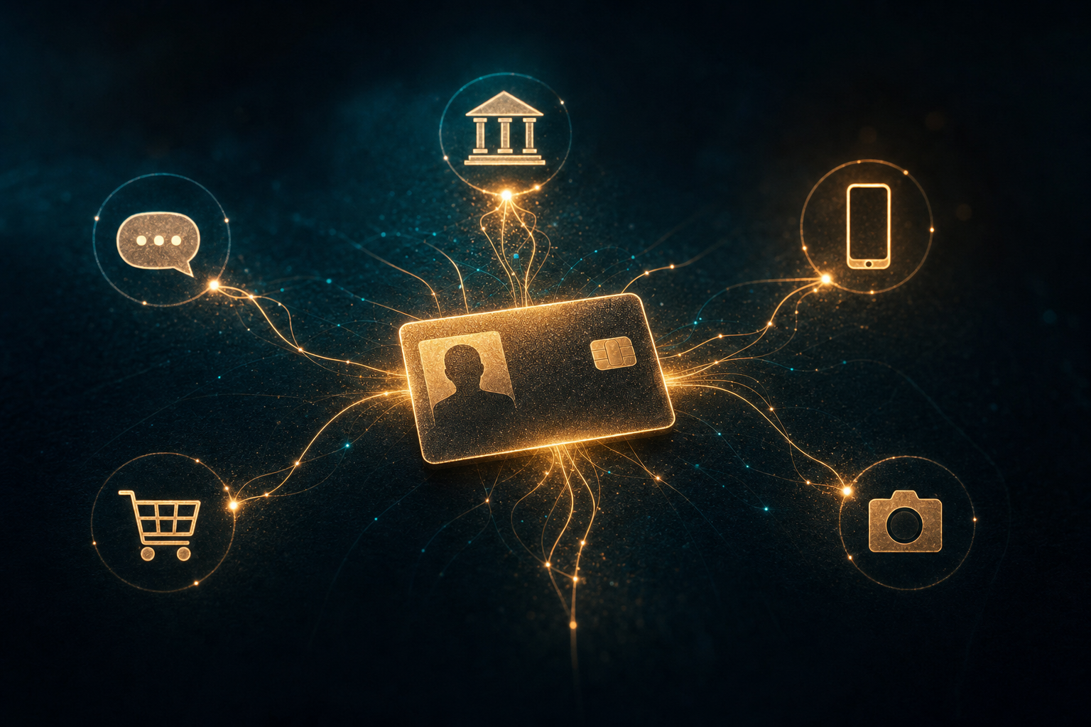 A single glowing digital identity card at the centre of a dark field, with light-lines connecting it to icons for banking, messaging, shopping, a phone and a camera — one key linking every part of your life