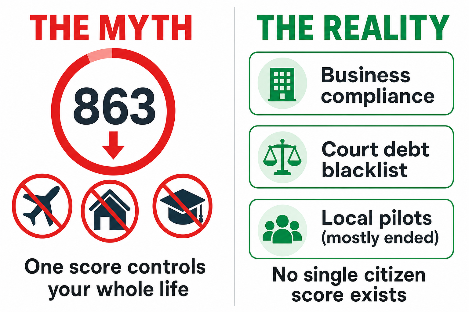 Split infographic: the myth (one score of 863 controlling flights, housing and education) versus the reality (fragmented business compliance, a court debt blacklist, and mostly-ended local pilots) — no single citizen score exists