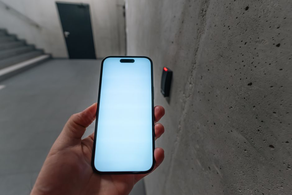 A hand holding a smartphone up to an NFC access reader on a concrete wall — a digital identity being used to unlock a door