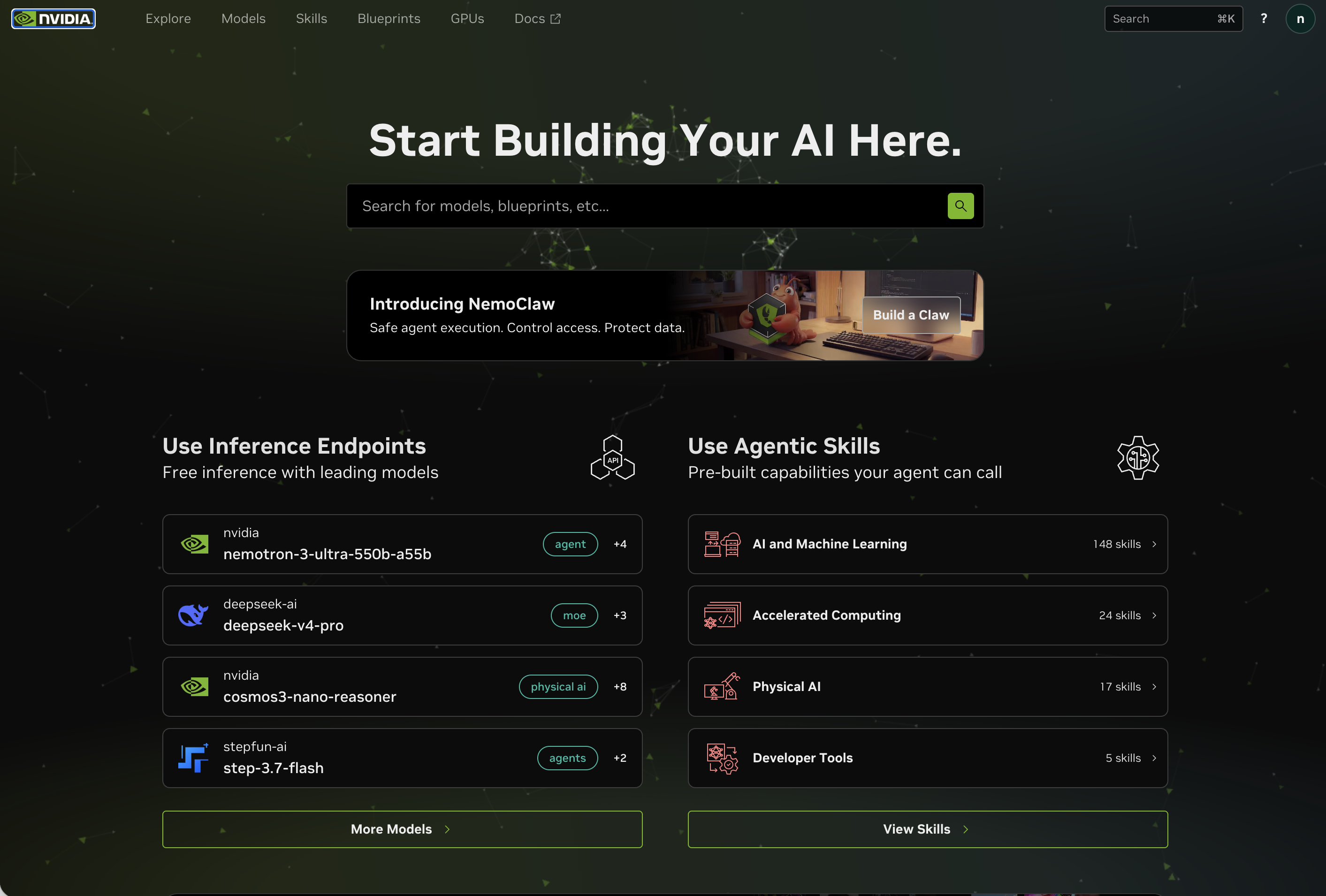 The build.nvidia.com homepage showing free inference endpoints including Nemotron 3 Ultra, DeepSeek V4 Pro and Cosmos models