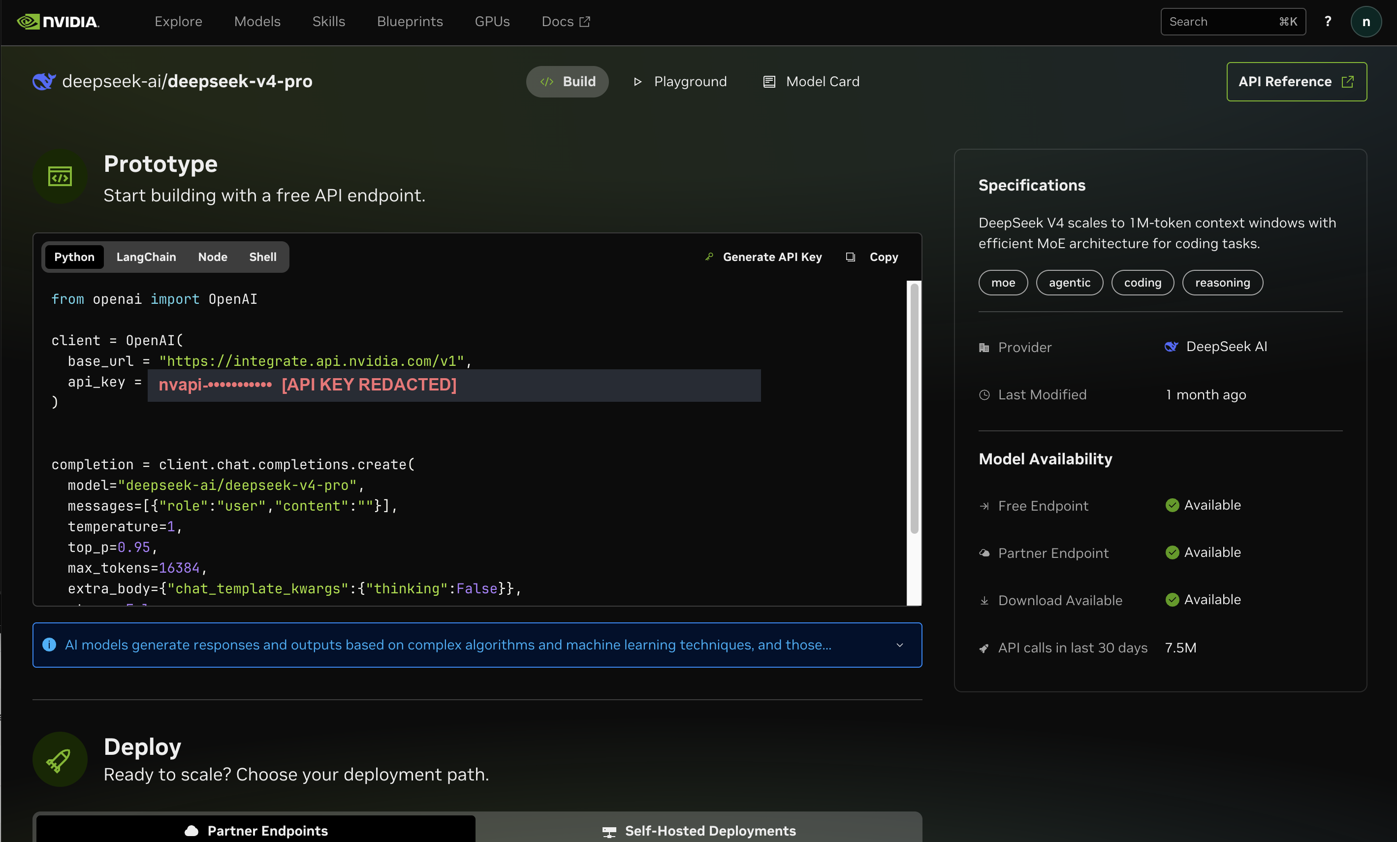 The DeepSeek V4 Pro page on build.nvidia.com showing the OpenAI-compatible code sample, Generate API Key button, and a free endpoint marked Available