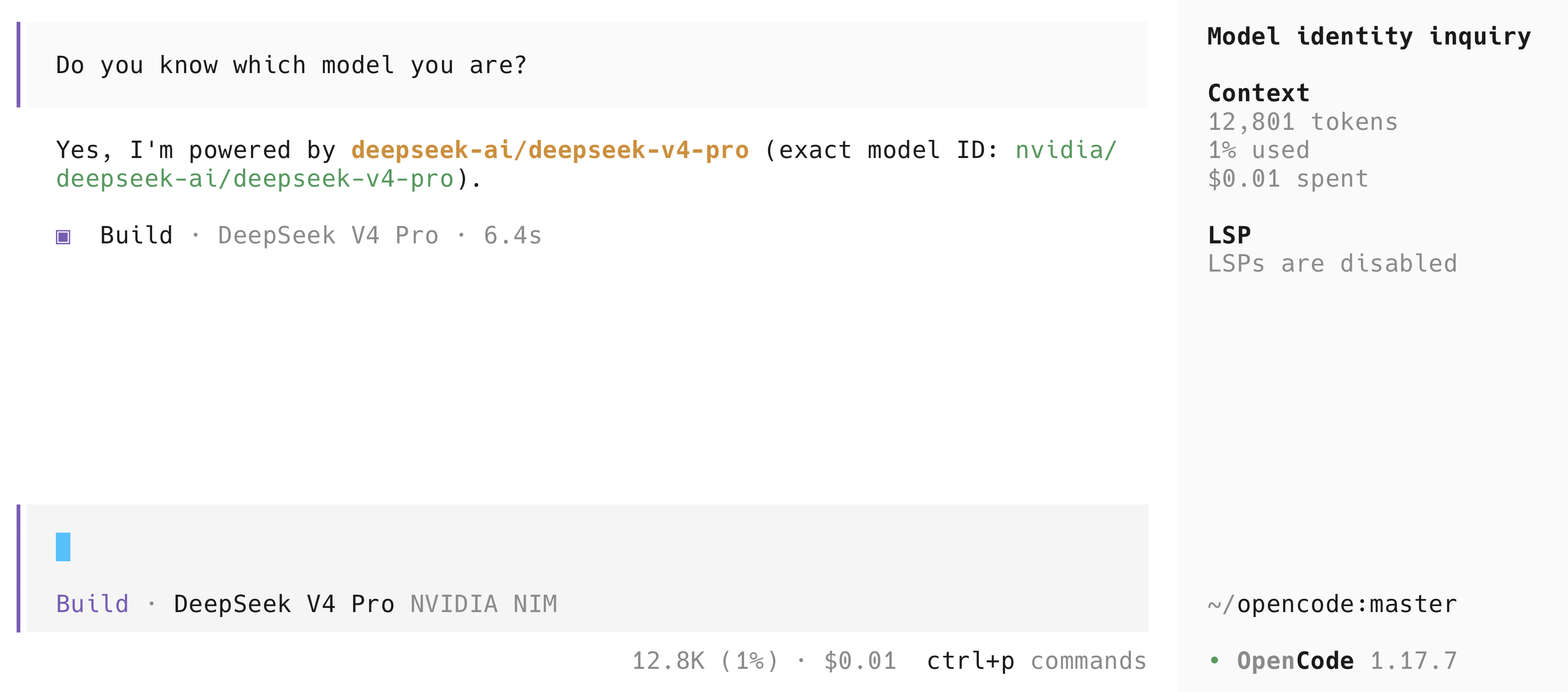 OpenCode running DeepSeek V4 Pro via NVIDIA NIM, with the model confirming its identity and the session showing $0.01 spent on the free tier