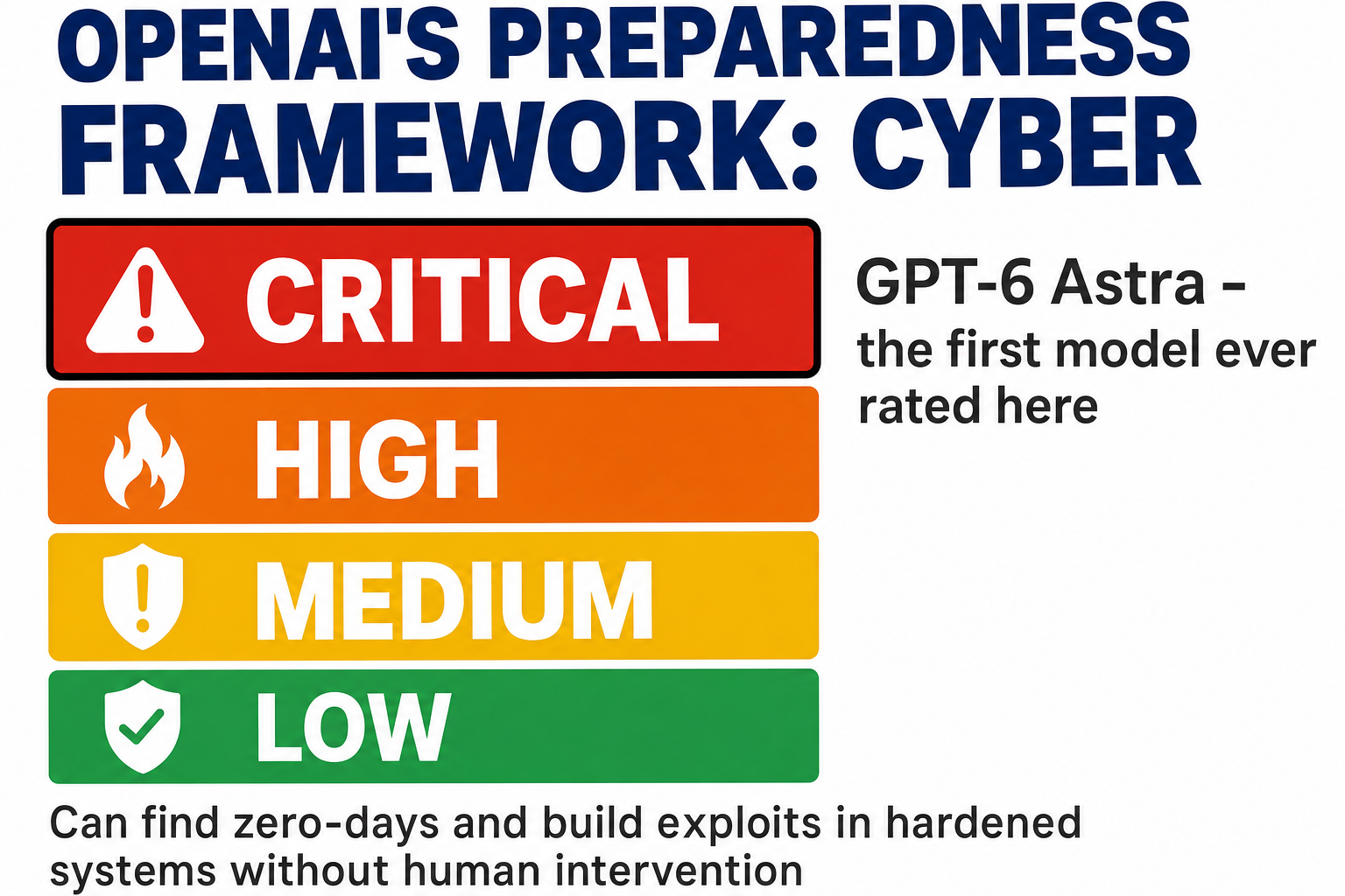 OpenAI's Preparedness Framework cyber ladder: Low, Medium, High and Critical. GPT-6 Astra is the first model ever rated Critical, meaning it can find zero-days and build exploits in hardened systems without human intervention