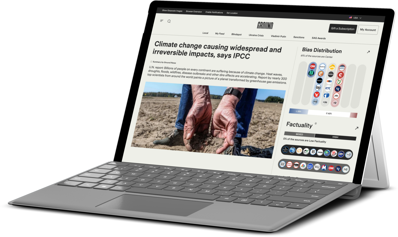 Ground News story page on a laptop showing the Bias Distribution and Factuality panels beside the article