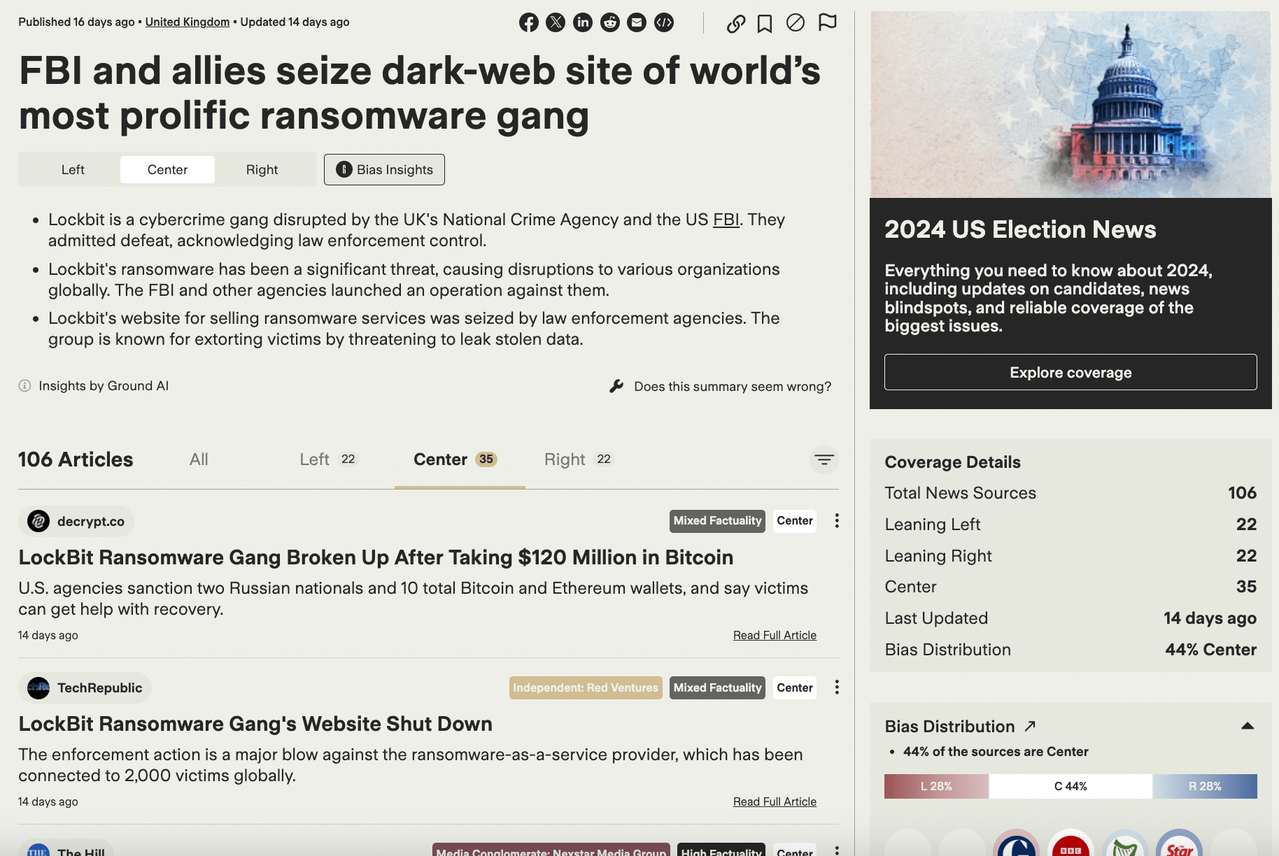 Ground News showing centre-labelled articles covering a ransomware takedown operation